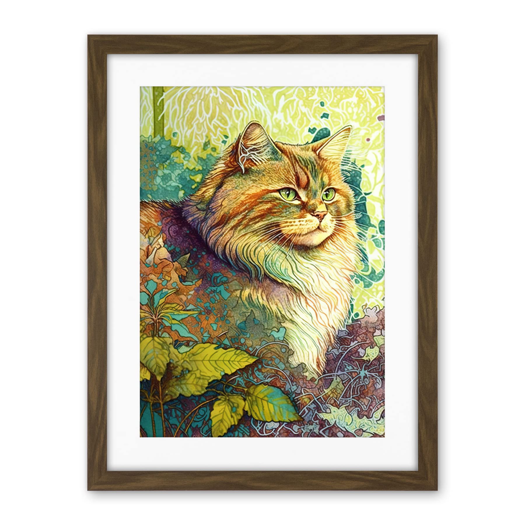 Artery8 Siberian Cat in Nature Vibrant Colourful Modern Portrait Illustration Artwork Framed Wall Art Print 18X24 Inch