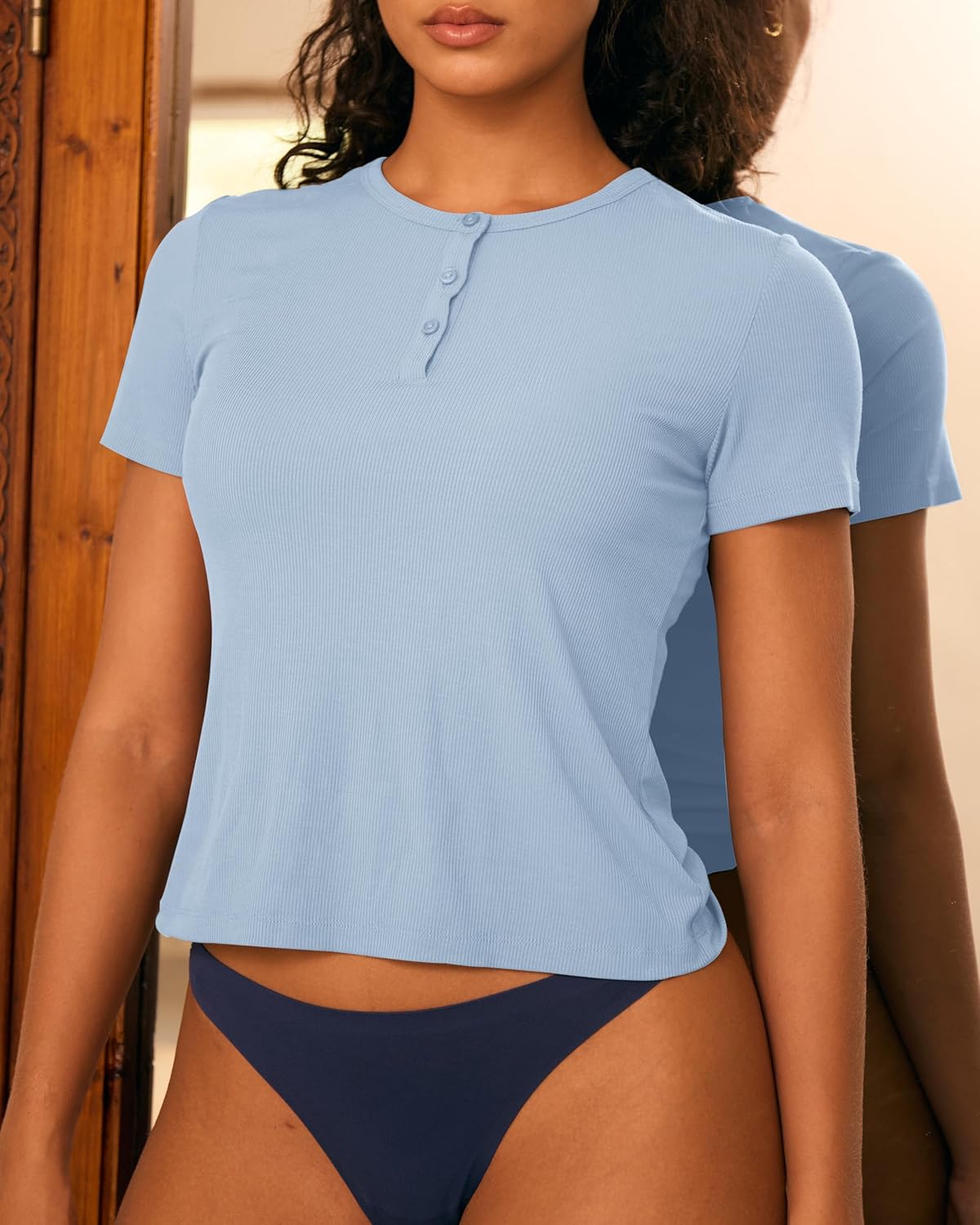 BAMBOO COOL Womens Henley T Shirts Short Sleeve Slim-Fit Tees Tops for Women Trendy Fashion Blouse - Image 3