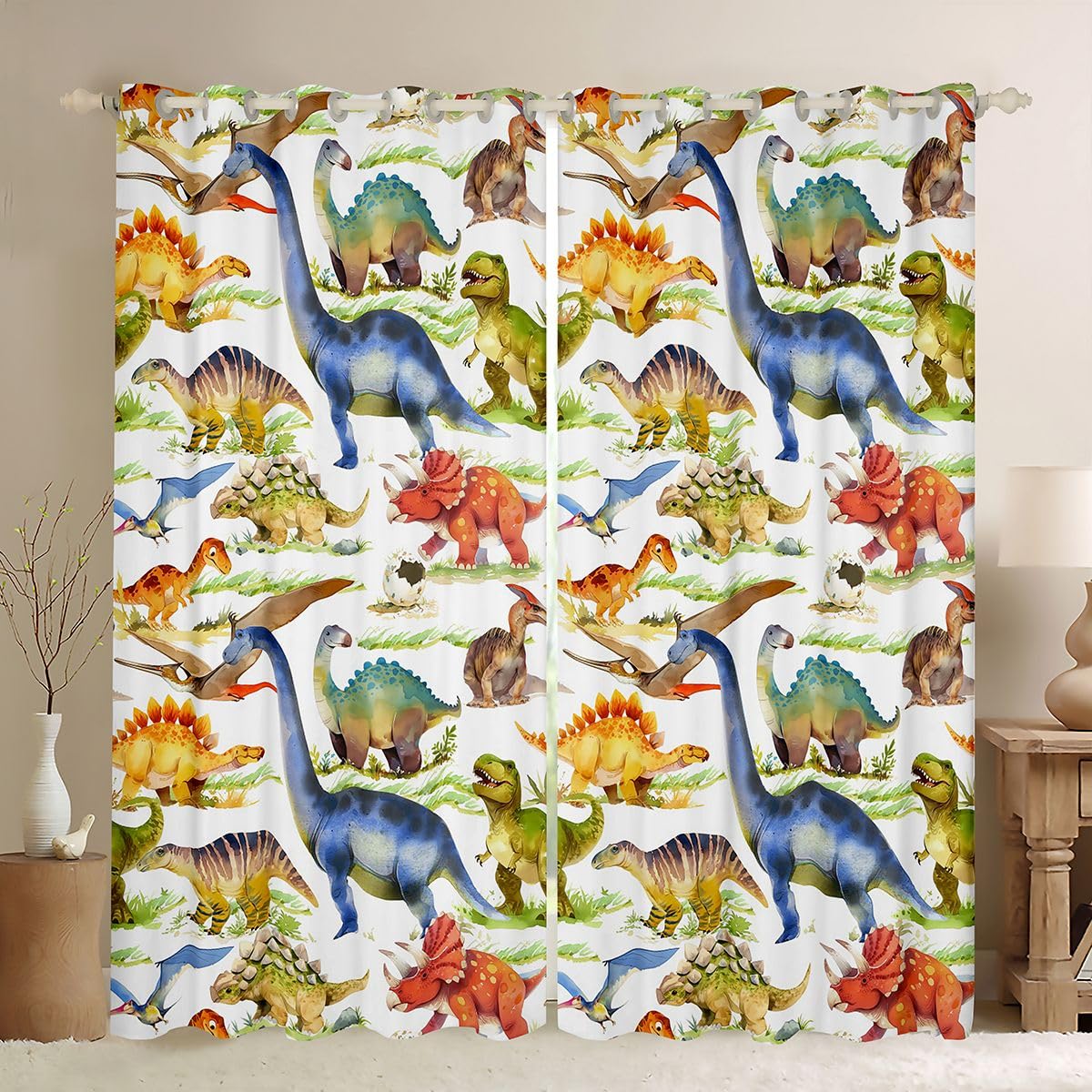 Kids Curtains for Boys Girls Cute Dinosaurs Print Window Drapes, Decorative Cartoon Animal Window Treatments Soft Colorful Dino Window Curtain , , Yellow Blue (2 Panels, W46*L72) — image 1