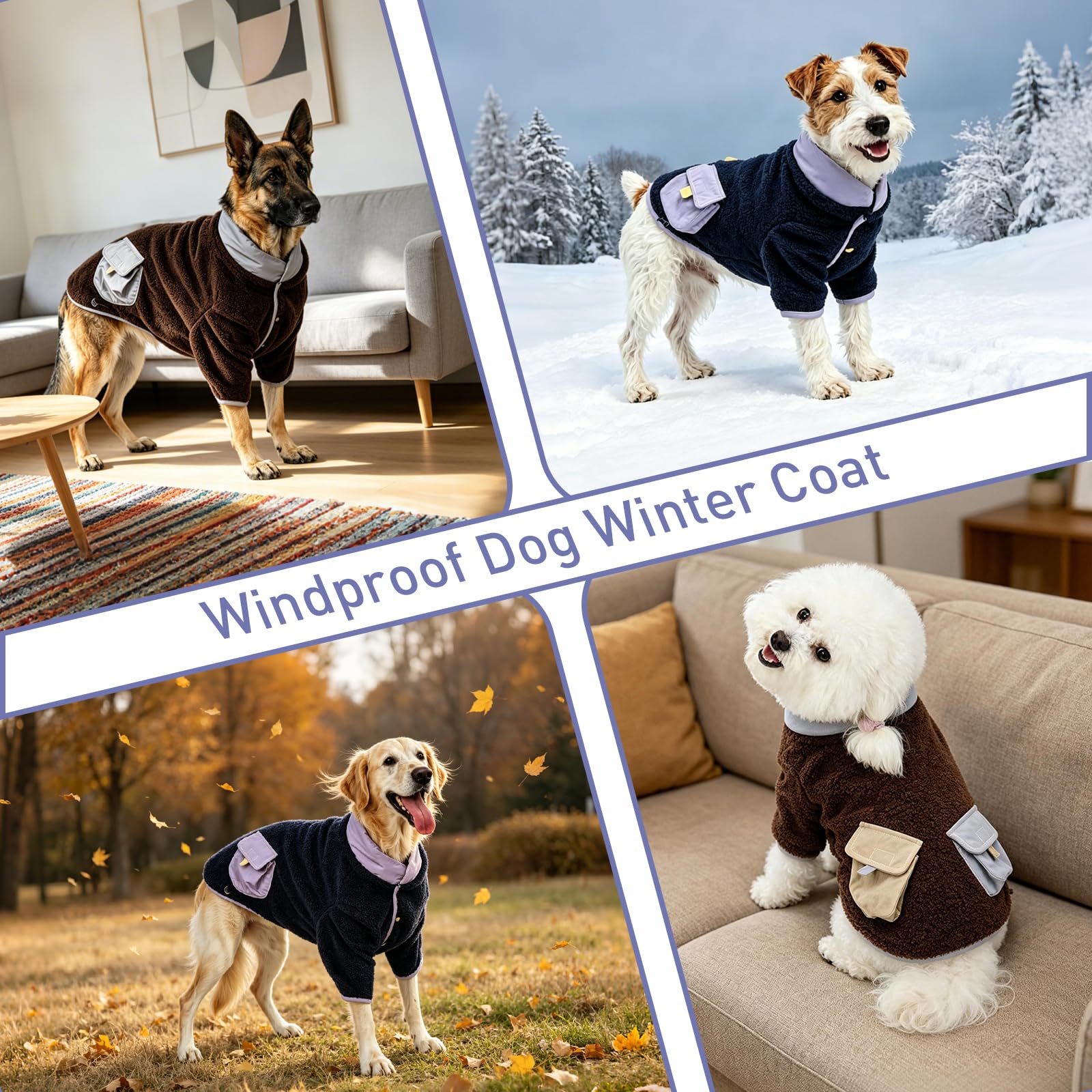Cappotto invernale caldo per cani, antivento, fino a 45 kg, marrone, L | 2 tasche sul retro, regolabili ed elastiche, chiusura a strappo