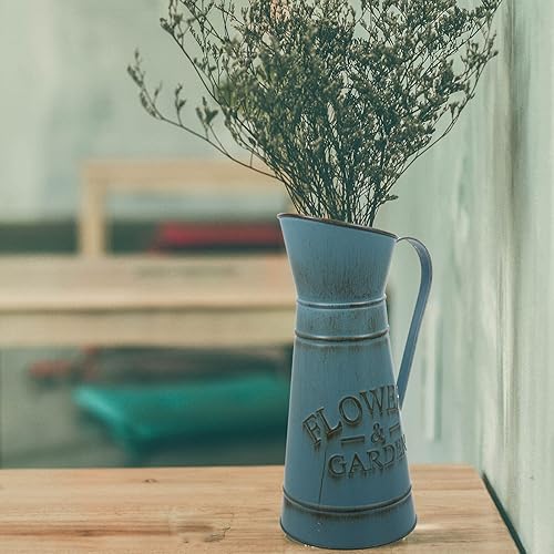 Miniatura 7 de Vaguelly Jarrón rústico Shabby Chic jarrón francés vintage con acabado galvanizado, jarra de metal primitiva, jarrón decorativo para mesas