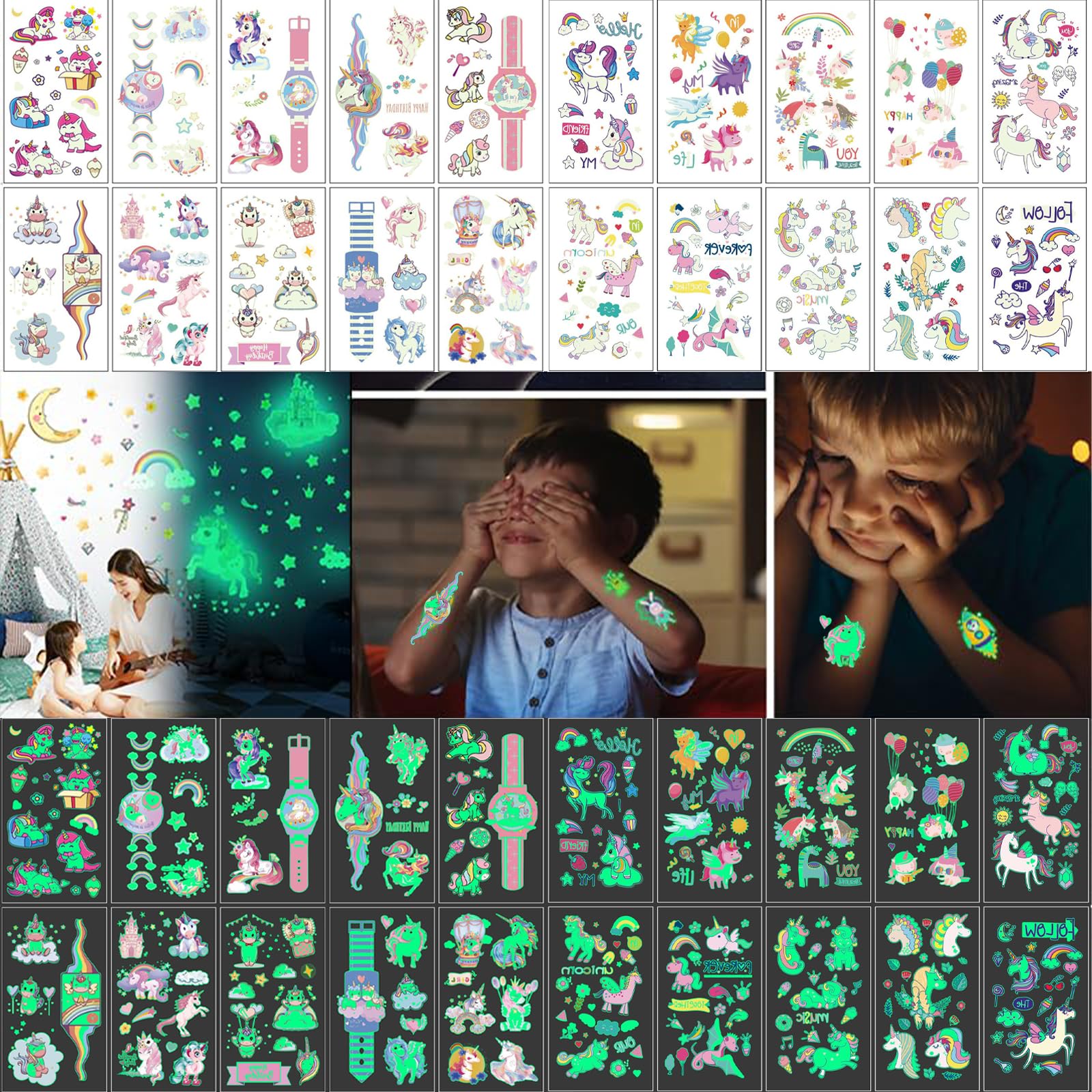 20 Sheets Temporary Tattoos Glow, Mermaid Waterproof Cartoon Fake Tattoo Sticker Glow-image-19