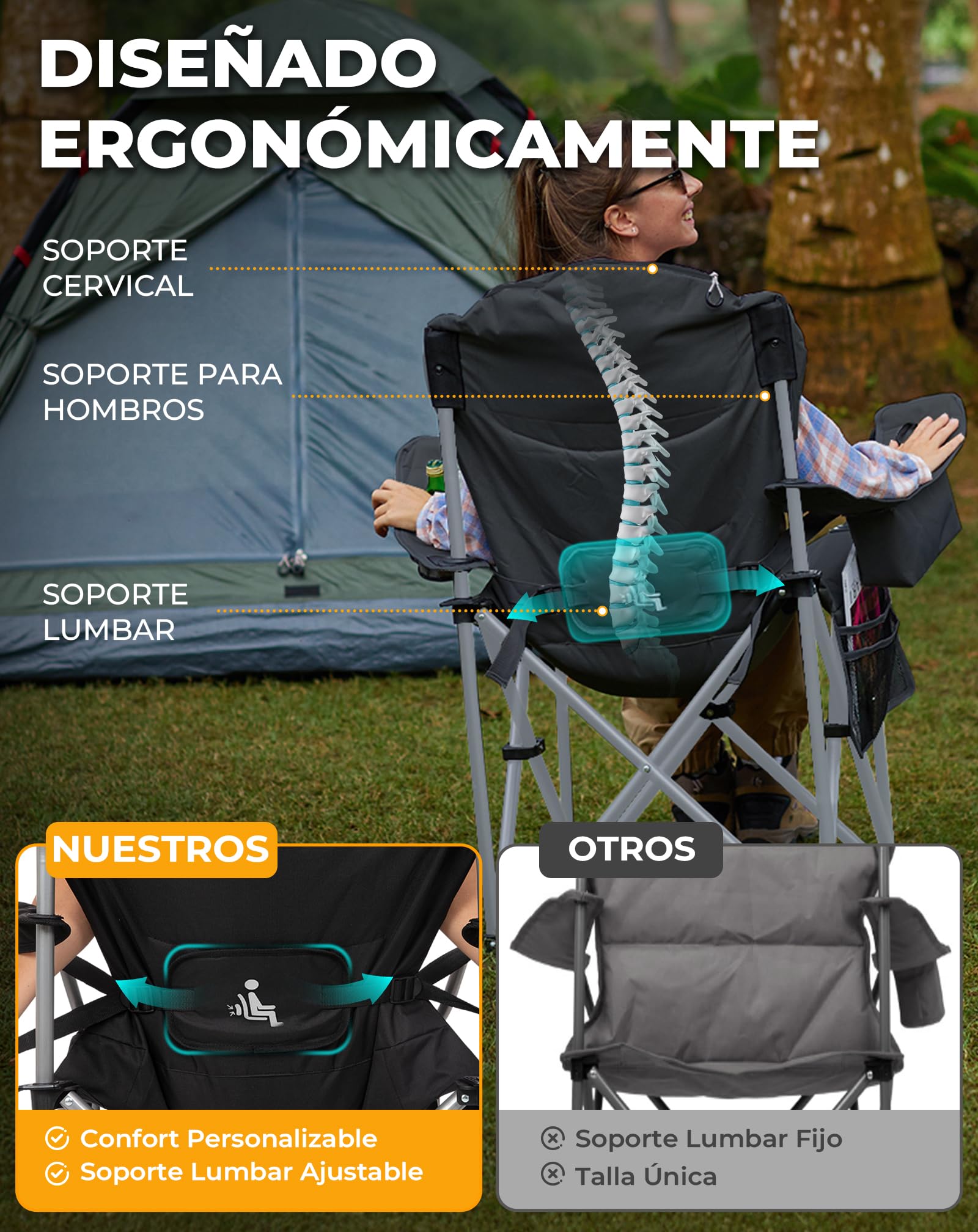 KingCamp Silla de Camping Plegable Ergonómica Acolchada XXL 250 kg