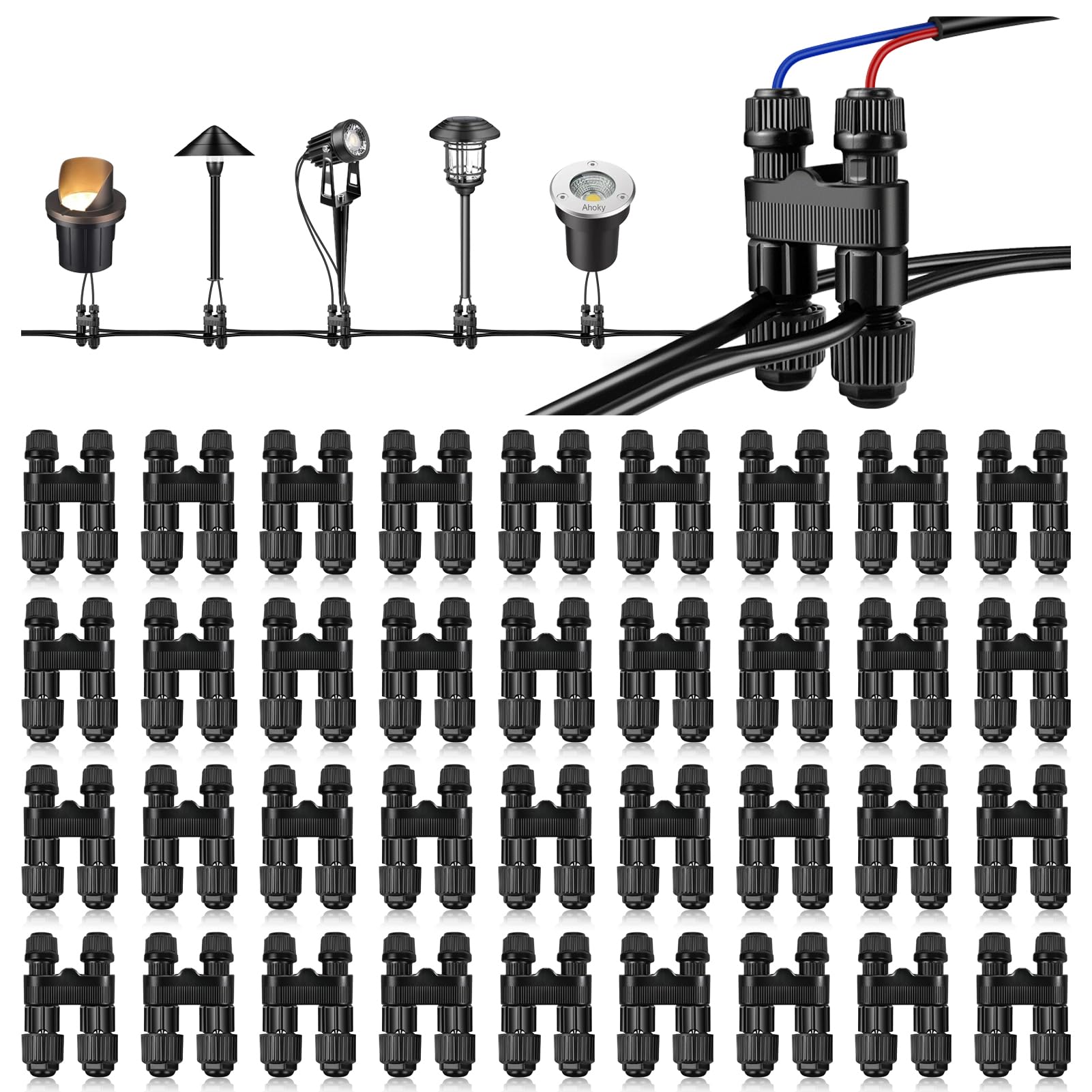 Conectores de cable de bajo voltaje, paquete de 36 conectores de iluminación de paisaje, conectores de cable de paisaje de bajo voltaje estilo Fastlock2 impermeables para cable de calibre 12-18, luces