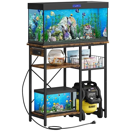 Fish Tank Stand with Power Outlet, Aquarium Stand with Wire Storage Basket, 10-15 Gallon Reptile Tank Stand with Shelves, Aquarium Table, for Home, Office, Rustic Brown and Black TCW78UBF