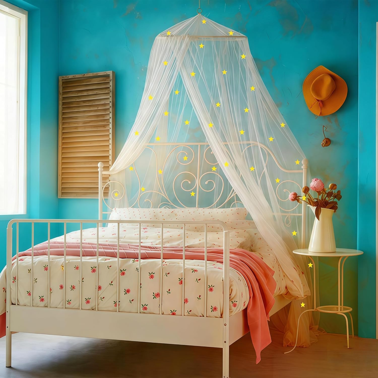 Eimilaly Bed Canopy for Girls Mosquito Net, Princess Bed Canopy for Girls Room Decor - Insect Protection Hanging Canopy for Indoor(Pink,Stars Glow in the Dark)