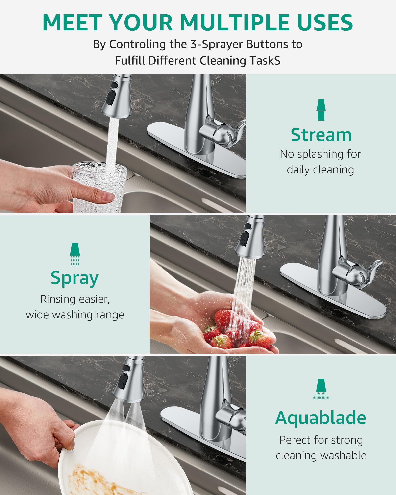 Mbillion Kitchen Faucet Head Replacement 3 Modes Polished Chrome Pull Down Sprayer Head Replacement with 14 Adapters Kitchen Sink Faucet Head (Polished Chrome) - Image 3