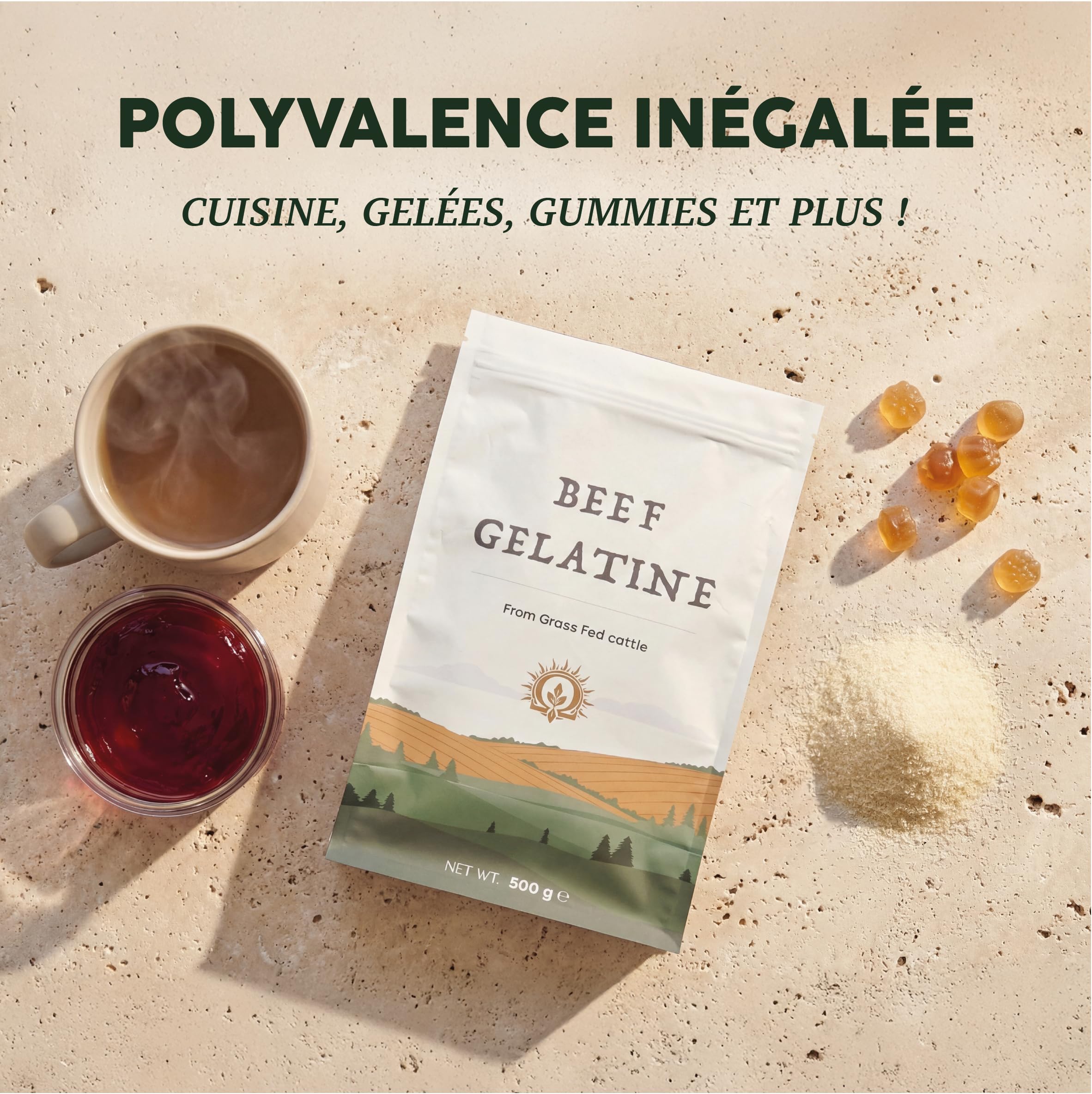 Gélatine Bovine 500 g - Poudre De Collagène Naturelle Pour La Santé Des Os Et Du Système Digestif - Gélatine De Bœuf En Poudre - Épaississant Alimentaire Pour La Cuisine, Les Bouillons Et Les Ragoûts
