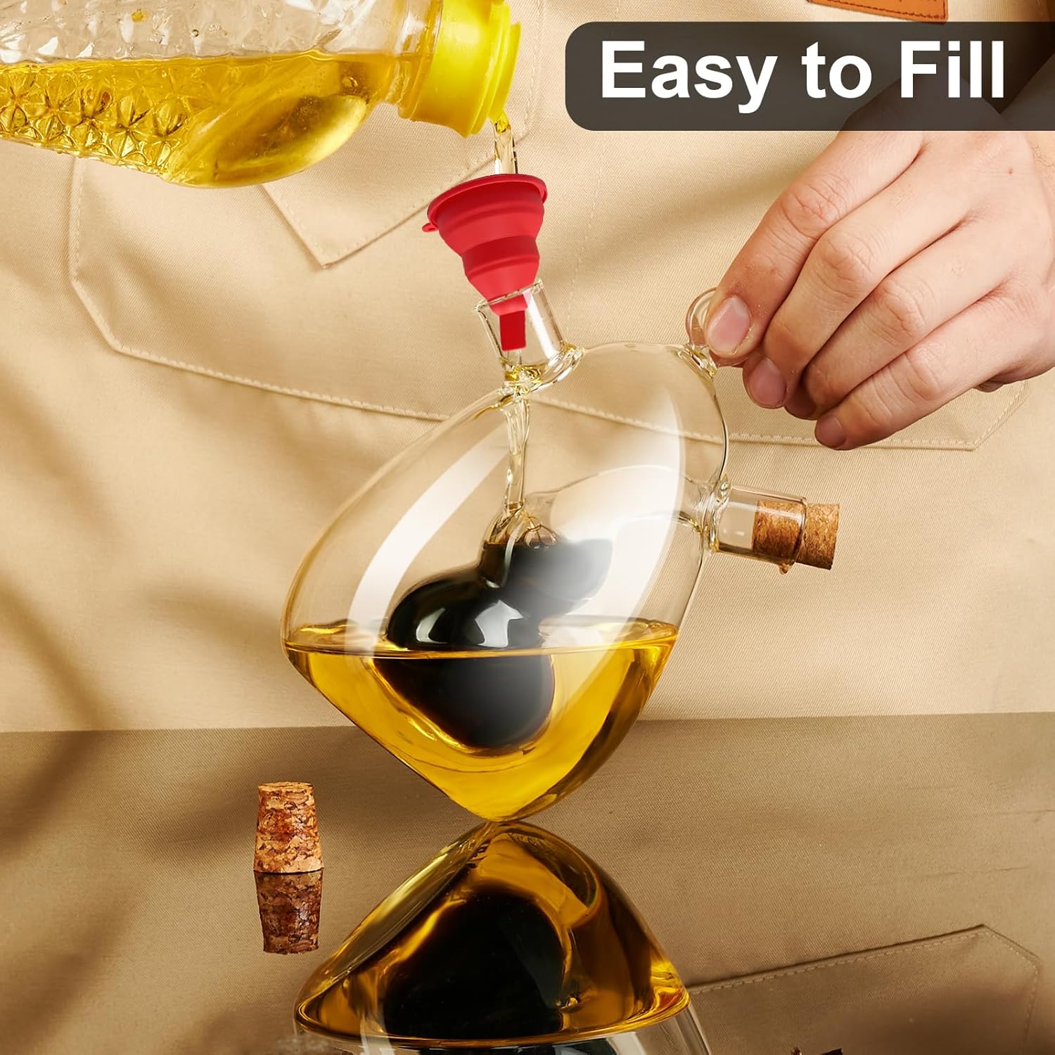 PARACITY Oil and Vinegar Dispenser Bottle 2 in 1, Olive Oil Dispenser Bottle for Kitchen with Cork Stoppers, 12OZ Transparent Glass Vinegar Dispenser - Image 5