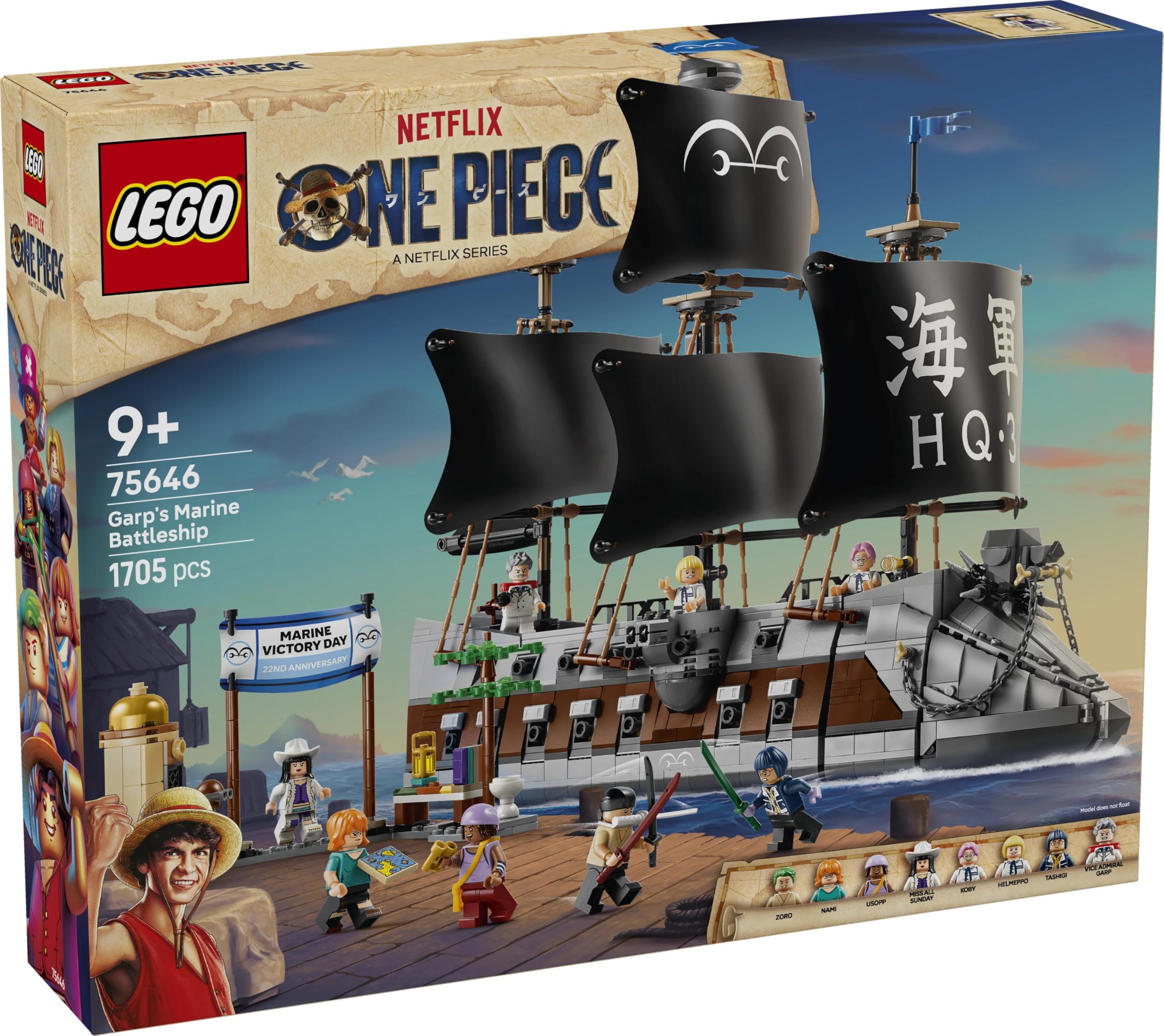 LEGO ONE PIECE Garps Marineschlachtschiff - Boots Modellbau mit 8 Minifiguren inkl. Zoro, Lysop und Nami - Kinderzimmer Deko - Geschenk für Jungen, Mädchen und Fans ab 9 Jahren - 75646
