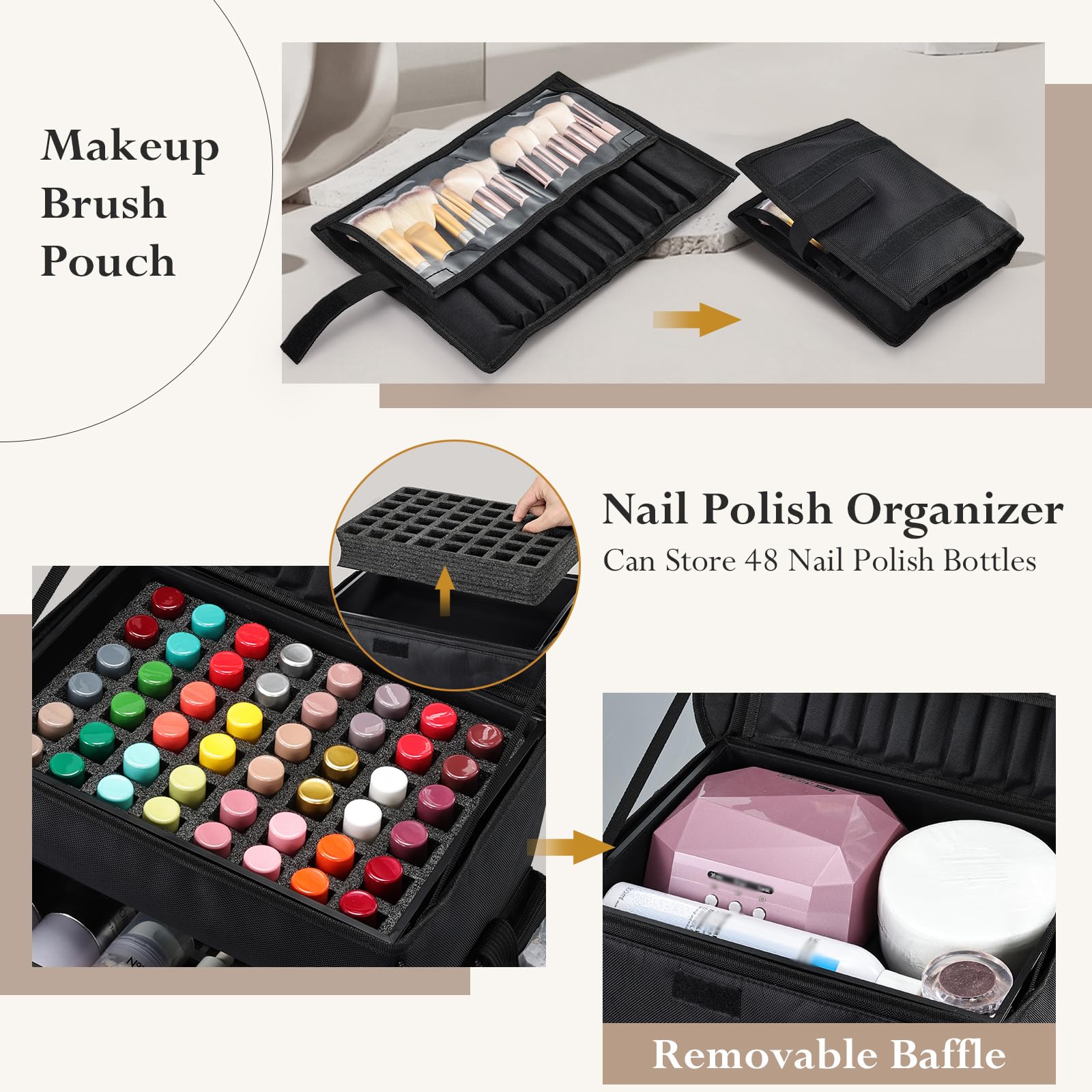 Maleta Maquillaje con Ruedas Maletín de Maquillaje Profesional 4 en 1 Maletin Peluqueria en Tela Oxford Carro de Maquillaje con 3 Cajones Caja Maquillaje, Esteticista y Manicurista, Negro