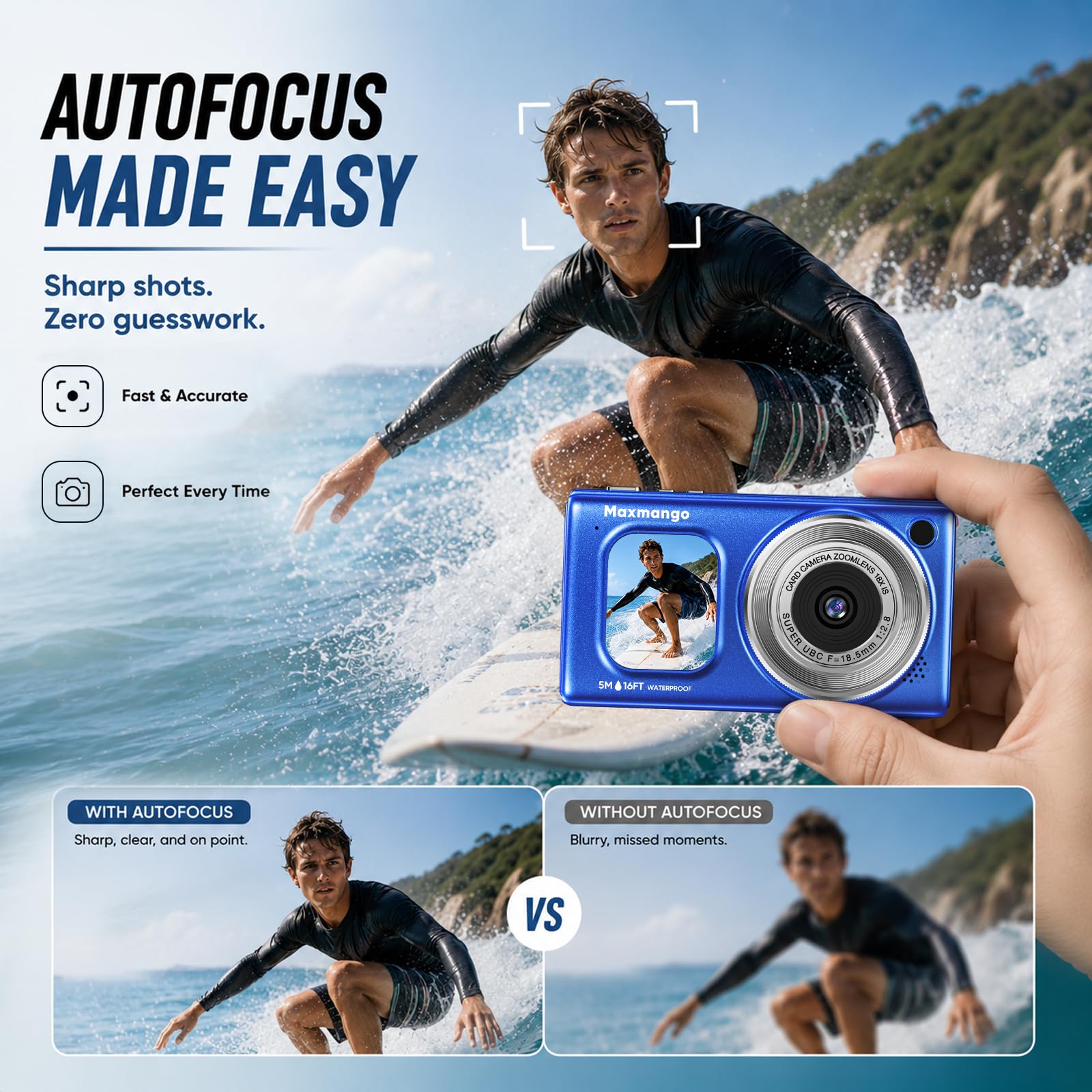 16FT Cámara Subacuática Impermeable 4K 48MP con Batería Extraíble 1500mAh | Maxmango D71 Cámara Digital con Doble Pantalla, Zoom 18X, Autofocus, Diseño Flotante para Snorkel, Surf y Natación, Azul(8GB)