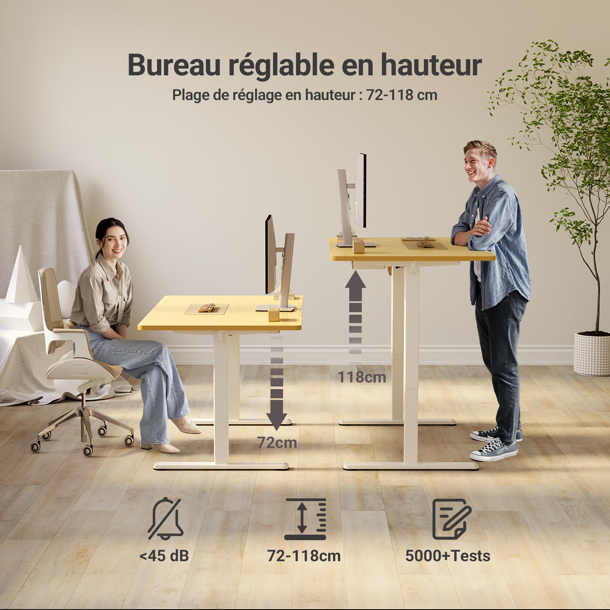 Claiks Bureau Électrique Réglable En Hauteur 140x70 Cm – Beige, Mémoire 3 Positions, Gestion Câbles, Ergonomique Assis-Debout