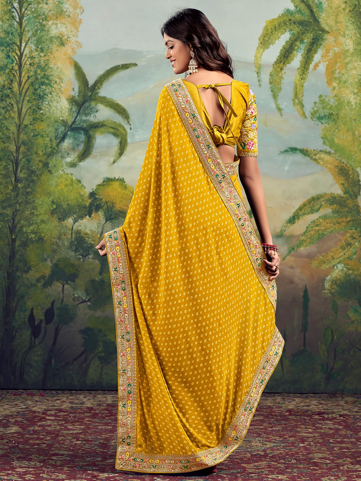 Satrani Women's Georgette Sequence Embroidery Lace & Bandhani Printed Saree With Unstitched Blouse Piece (4115S908N_Yellow)