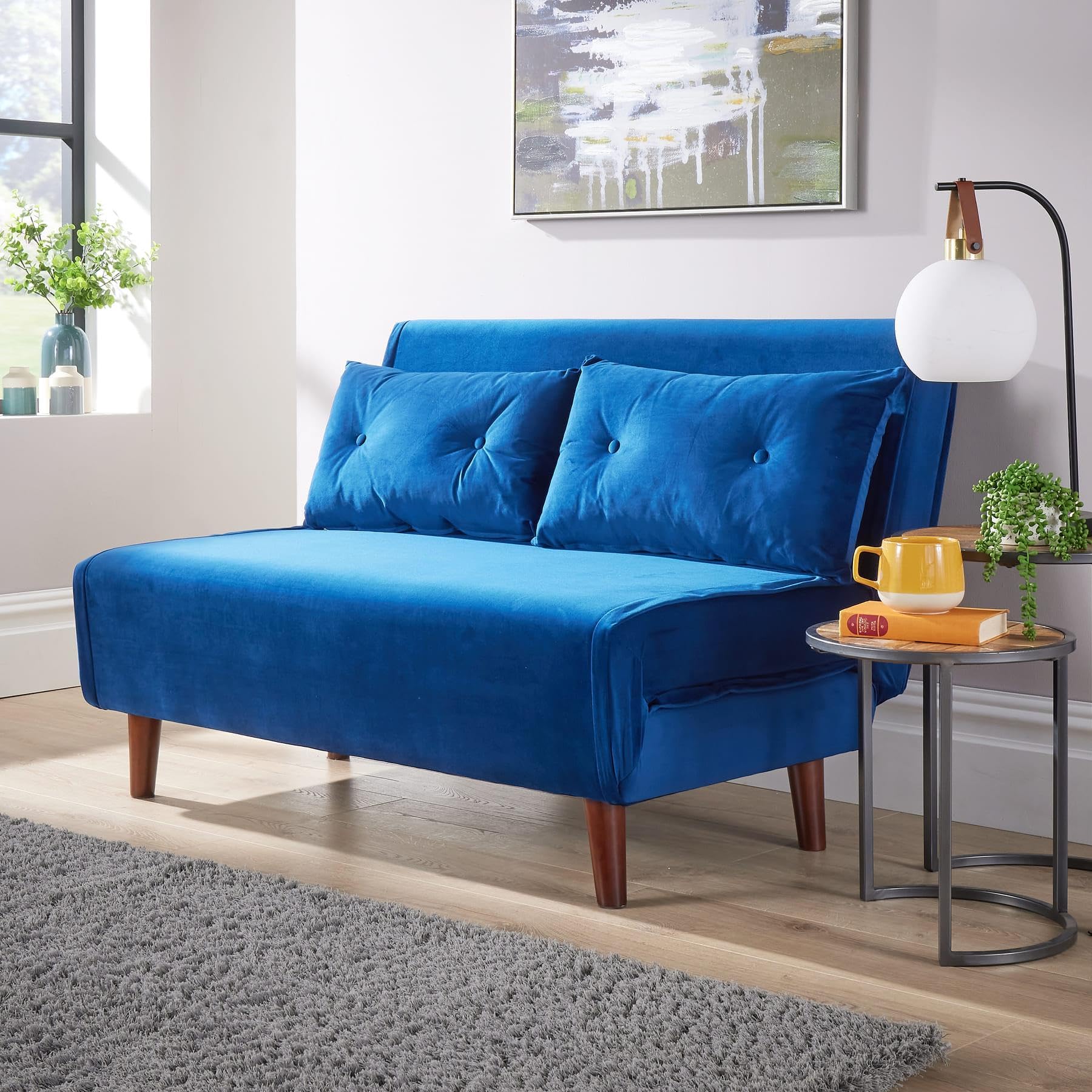 Home Source Double Sofa Bed Futon Couch, Folding Chair Recliner Settee, 2 Pillows, Blue Velvet