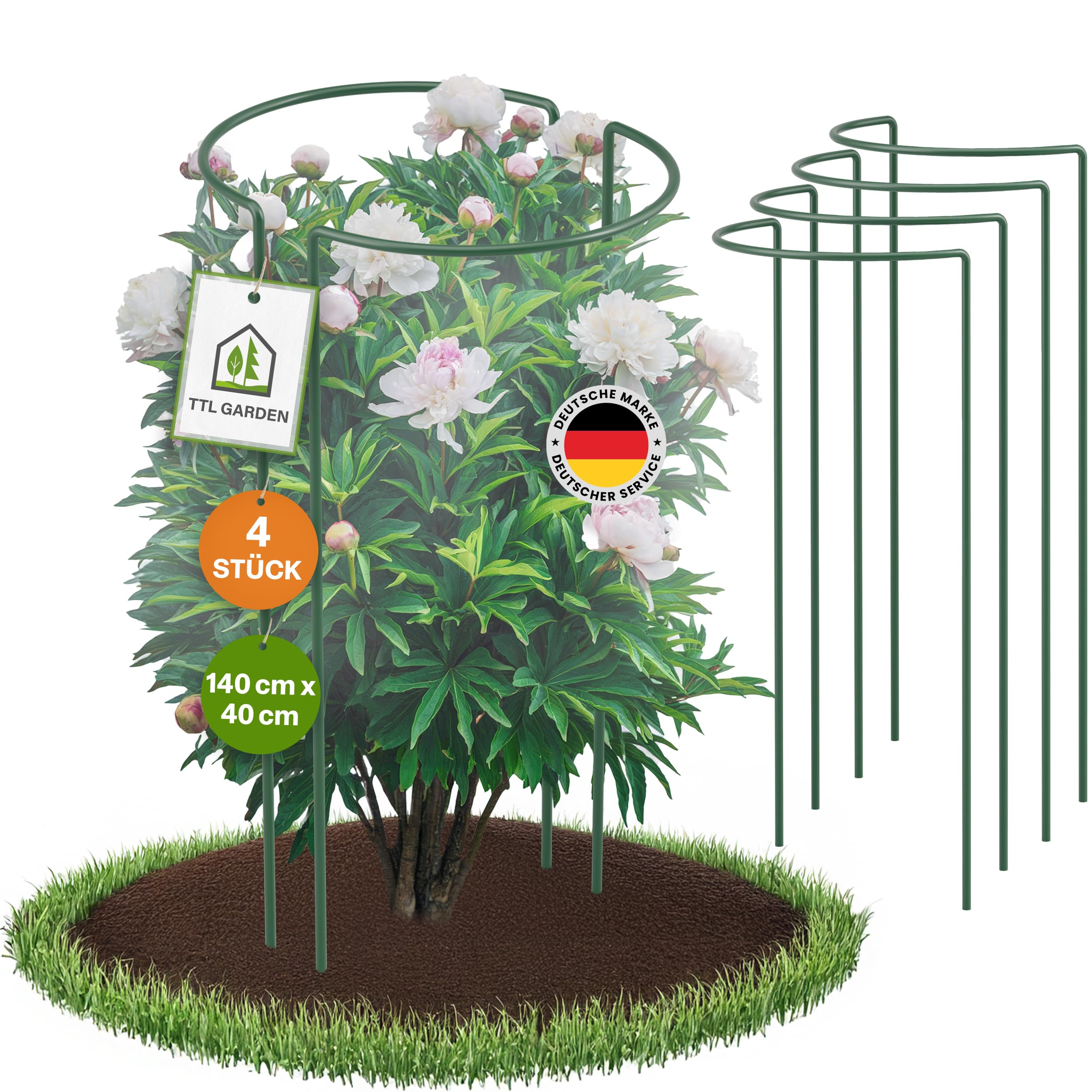 TTL GARDEN Strauchstützen 140cm x 40cm 4er Set - Pflanzenstütze Stahl rostfrei Kunststoff beschichtet - Pflanzenhalter Staudenhalter Blumenhalter - Hortensie Rose Pfingstrose Ø 5,5mm grün