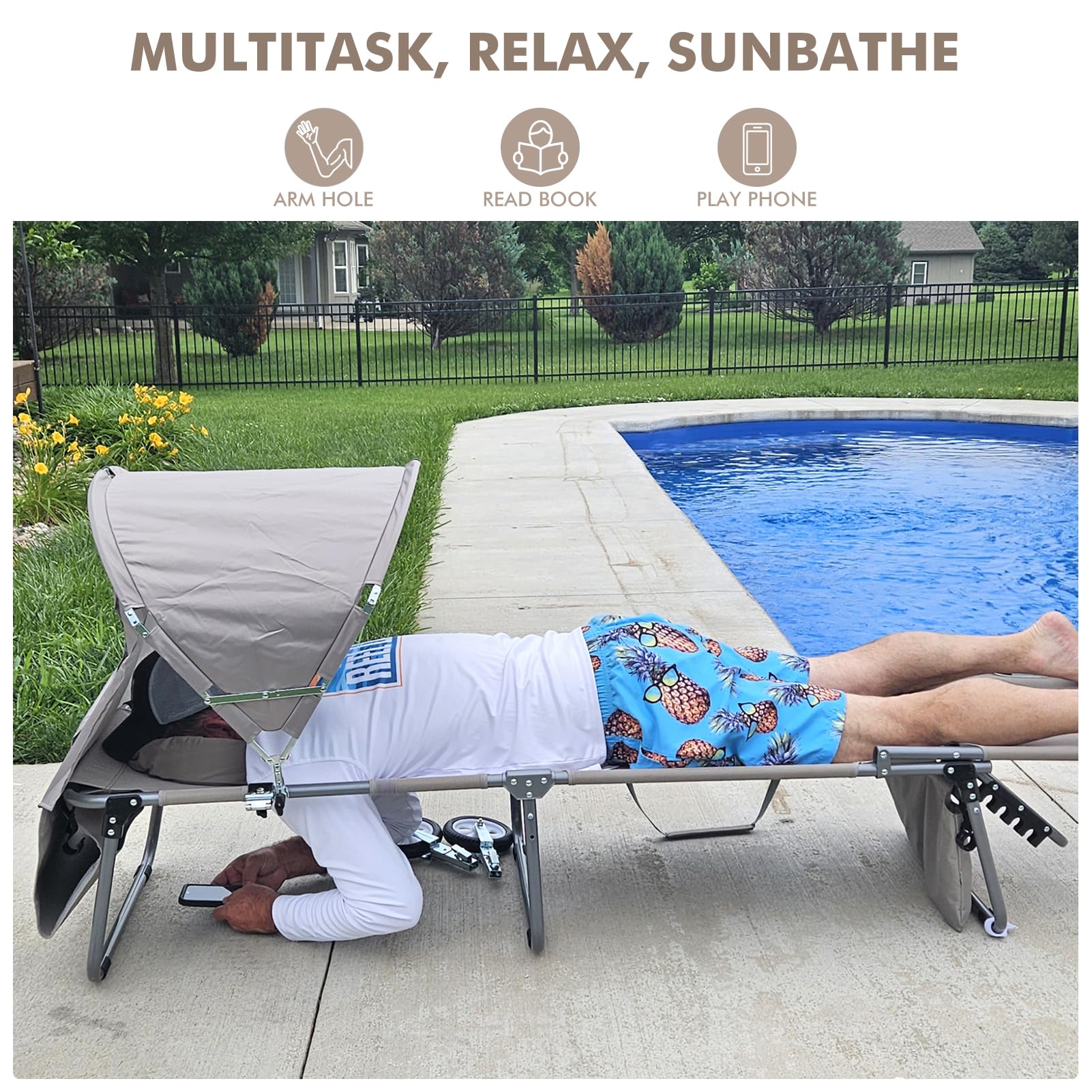 Sun Tanning Chair, 3in1 5 Positions Adjustable Heavy Duty Folding Chaise Lounge Chairs Oversized Mat Pillow Face Arm Hole Beach Pool Lawn Yard Patio - View #9