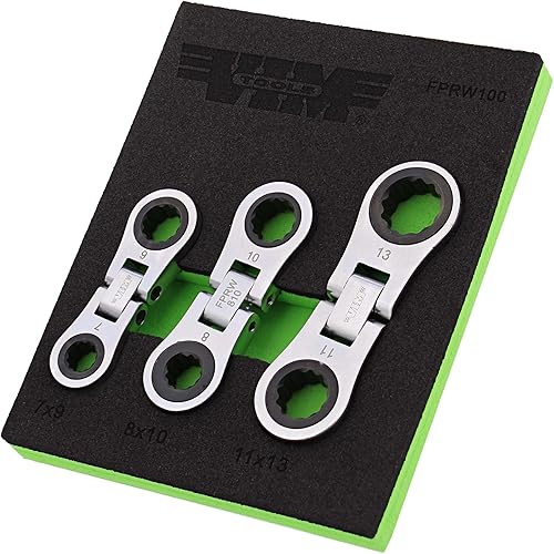 VIM Tools Juego de llaves de trinquete Nano Flex – Juego de 3 llaves flexibles de doble cara tamaño palma con 72 dientes