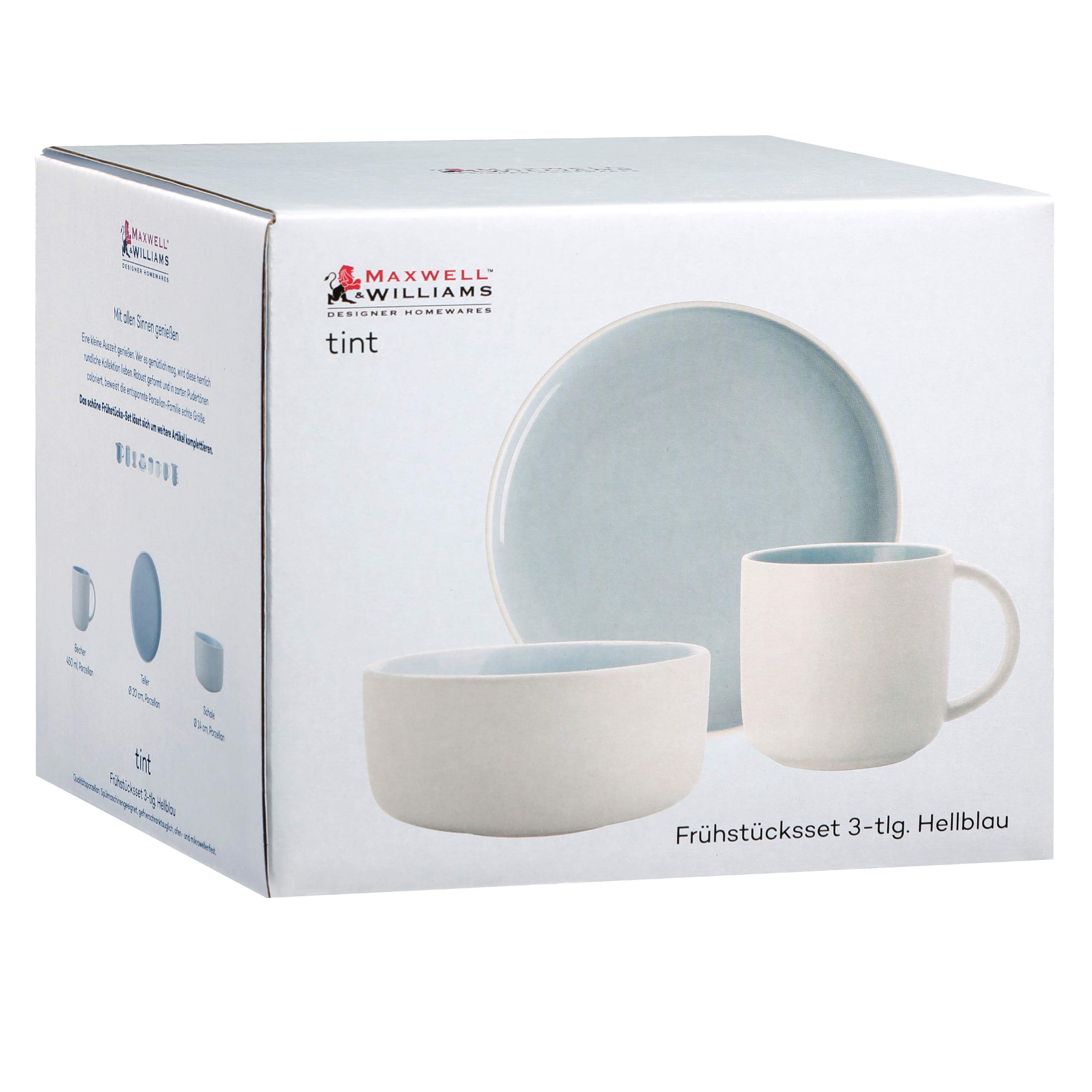 Maxwell & Williams AY0003-03 ontbijtset, 3-delig, borden, kom, beker – tint – lichtblauw – keramiek in geschenkdoos