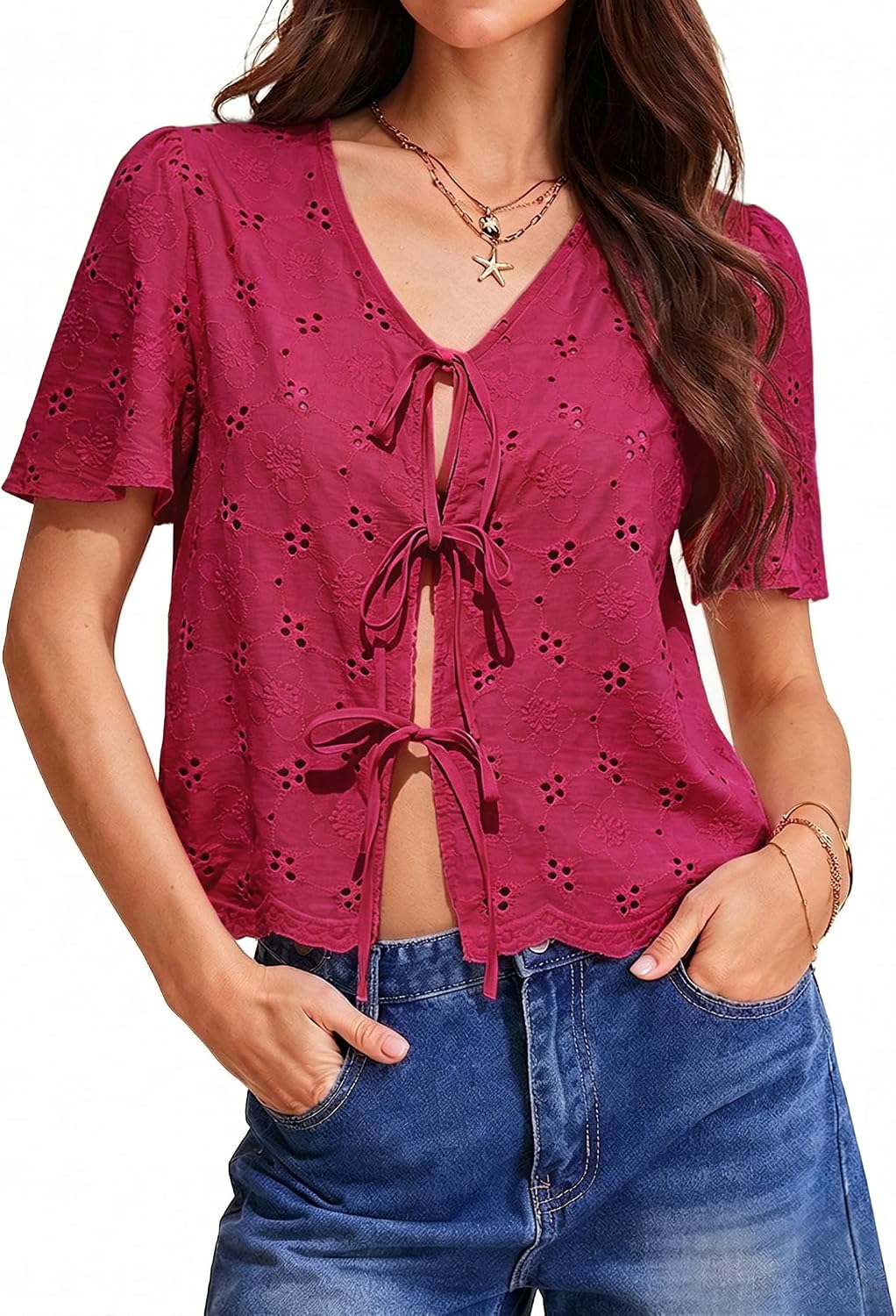 Totatuit Womens Cotton Tie Front Tops Boho V Neck Eyelet Shirt Embroidery Cute Summer Beach Vacation Outfit Flowy Cover Up
