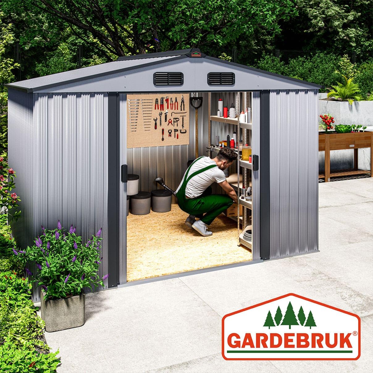 GARDEBRUK® Cobertizo de Jardín XXL Caseta Exterior 5m² con Base 260x205x180cm 9m³ Puerta Corrediza Gris Metálico