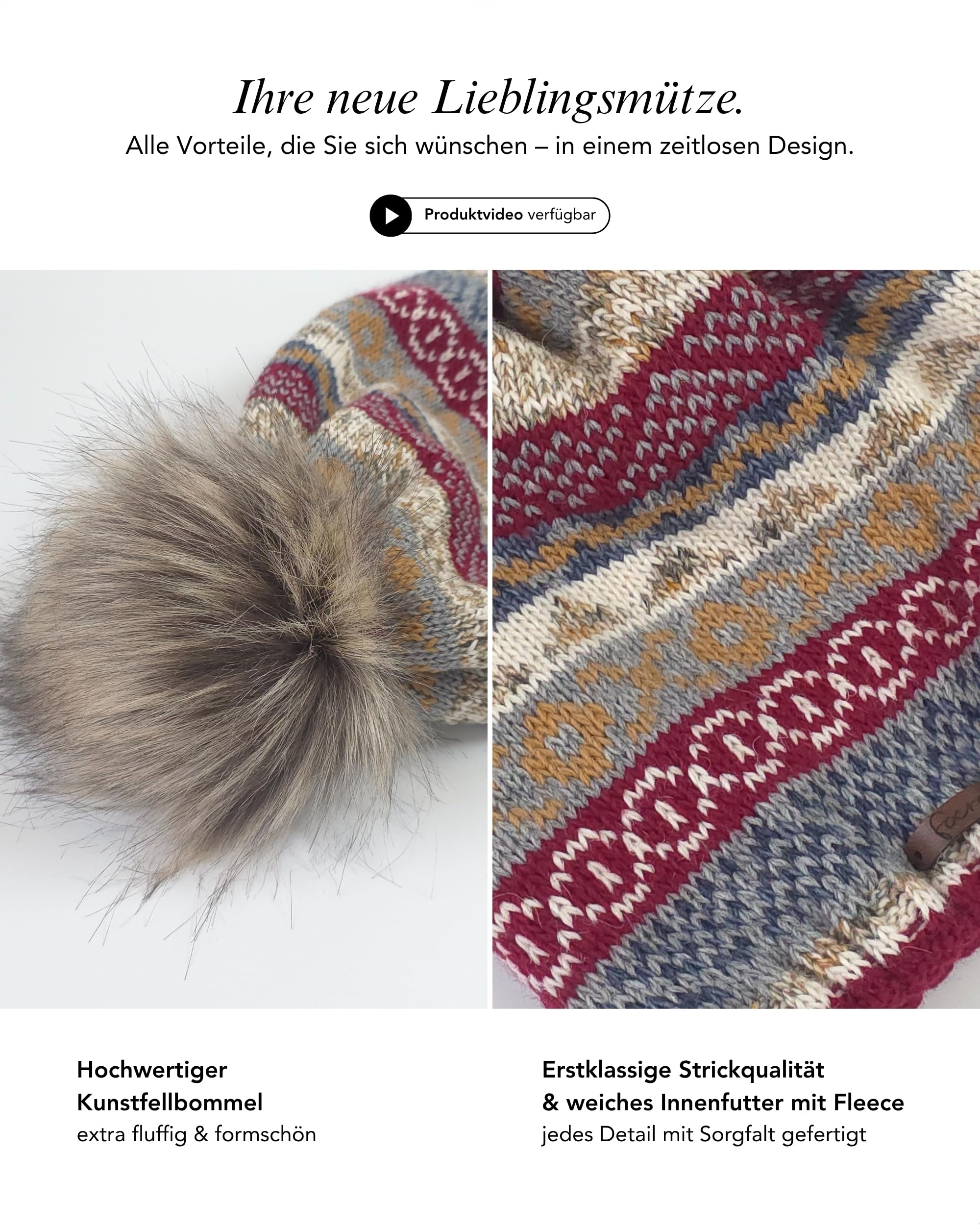 Baesics Gorro de invierno con estampado para mujer y hombre, gorro con pompón de piel sintética, gorro de punto, estilo Beanie, fabricado en la UE, talla única, cálido y elástico con forro polar
