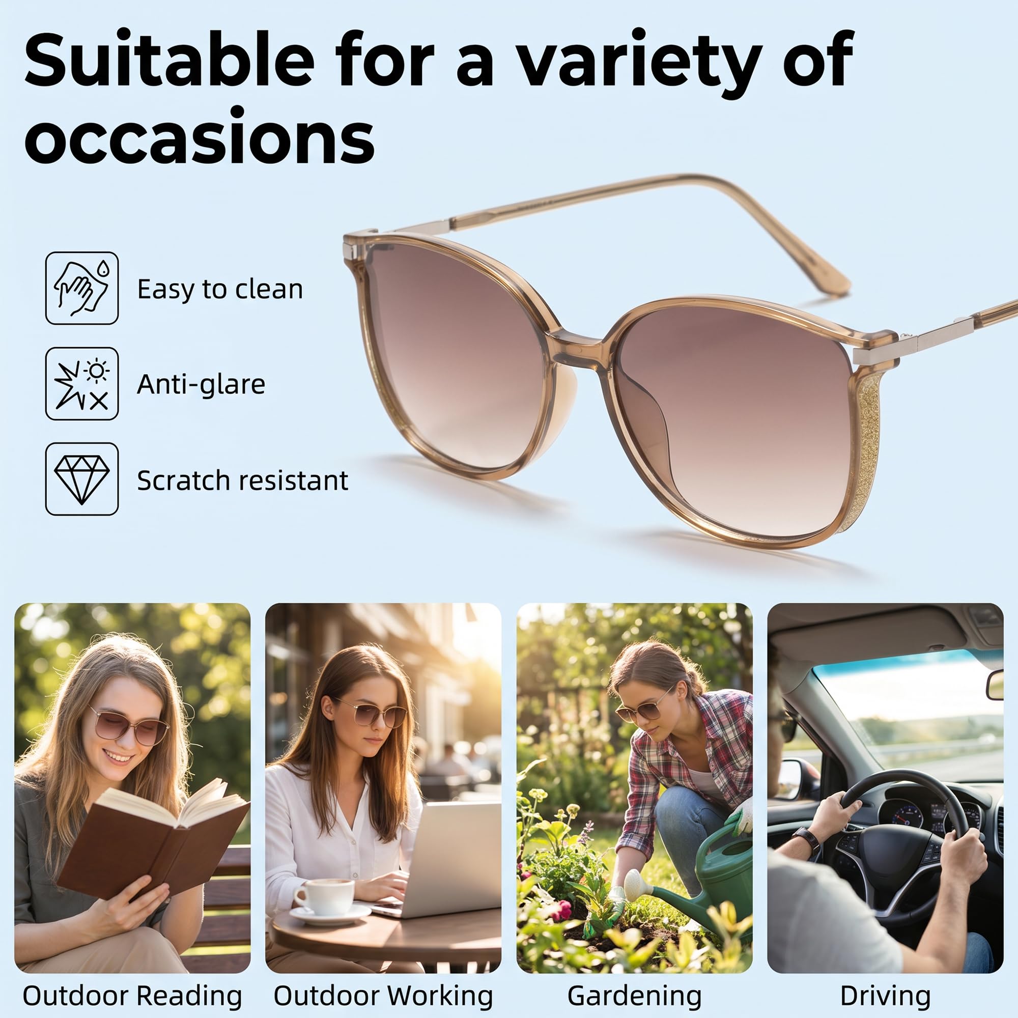 Lunettes de Lecture Soleil Élégantes pour Femmes, Grandes Lunettes Loupe Tendance UV400, Grands Lecteurs Teintés Adaptés au Travail en Extérieur, à la Lecture