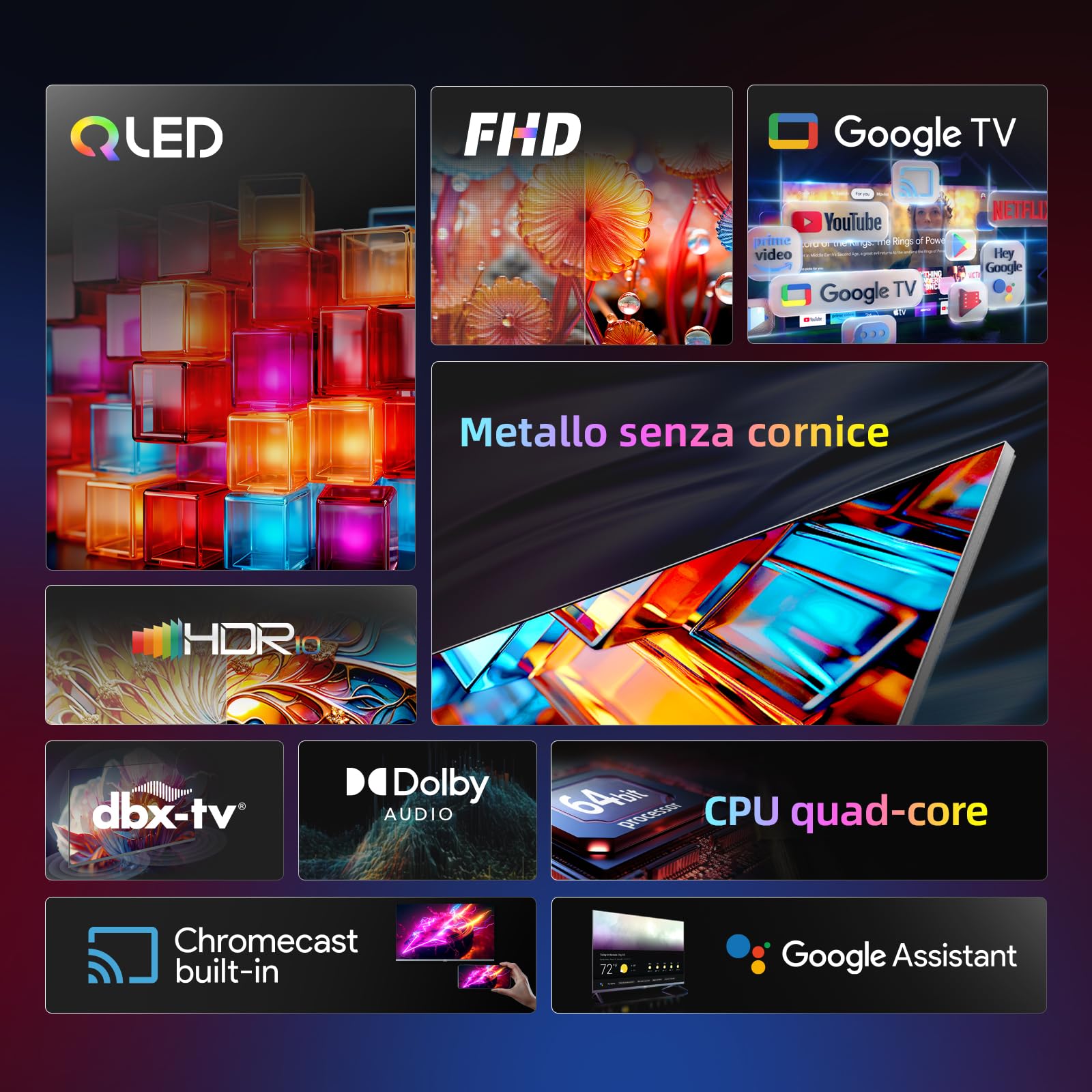 CHiQ L32QM8G TV QLED da 32 pollici, FHD, HDR10, design con cornice ultrasottile in metallo, Google TV, Chromecast integrato, Assistente di Google, CPU quad-core, Wi-Fi a doppia banda da 2,4/5 Ghz.