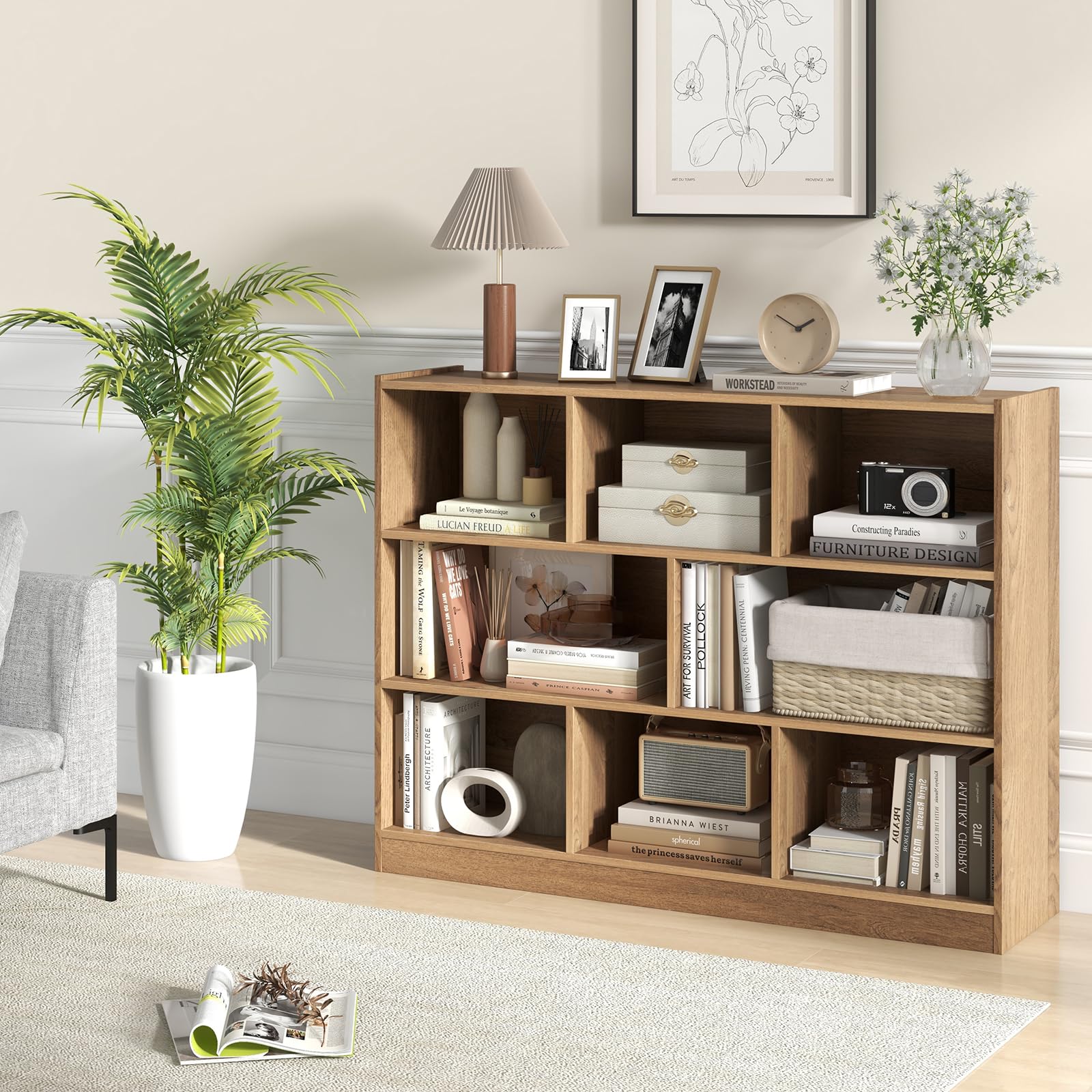 GYMAX Libreria a Cubi in Legno, Scaffale Aperto a 3 Livelli con 8 Cubi, Libreria Scaffale Espositore per Soggiorno, Camera da Letto, Cameretta, Angolo di Lettura, 122 x 32 x 93 cm (Naturale)