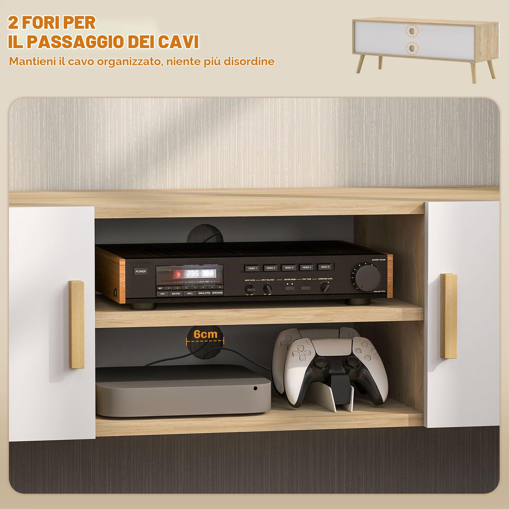 HOMCOM Mobile TV fino 50 pollici 2 armadi 110x36.2x42 cm Rovere bianco
