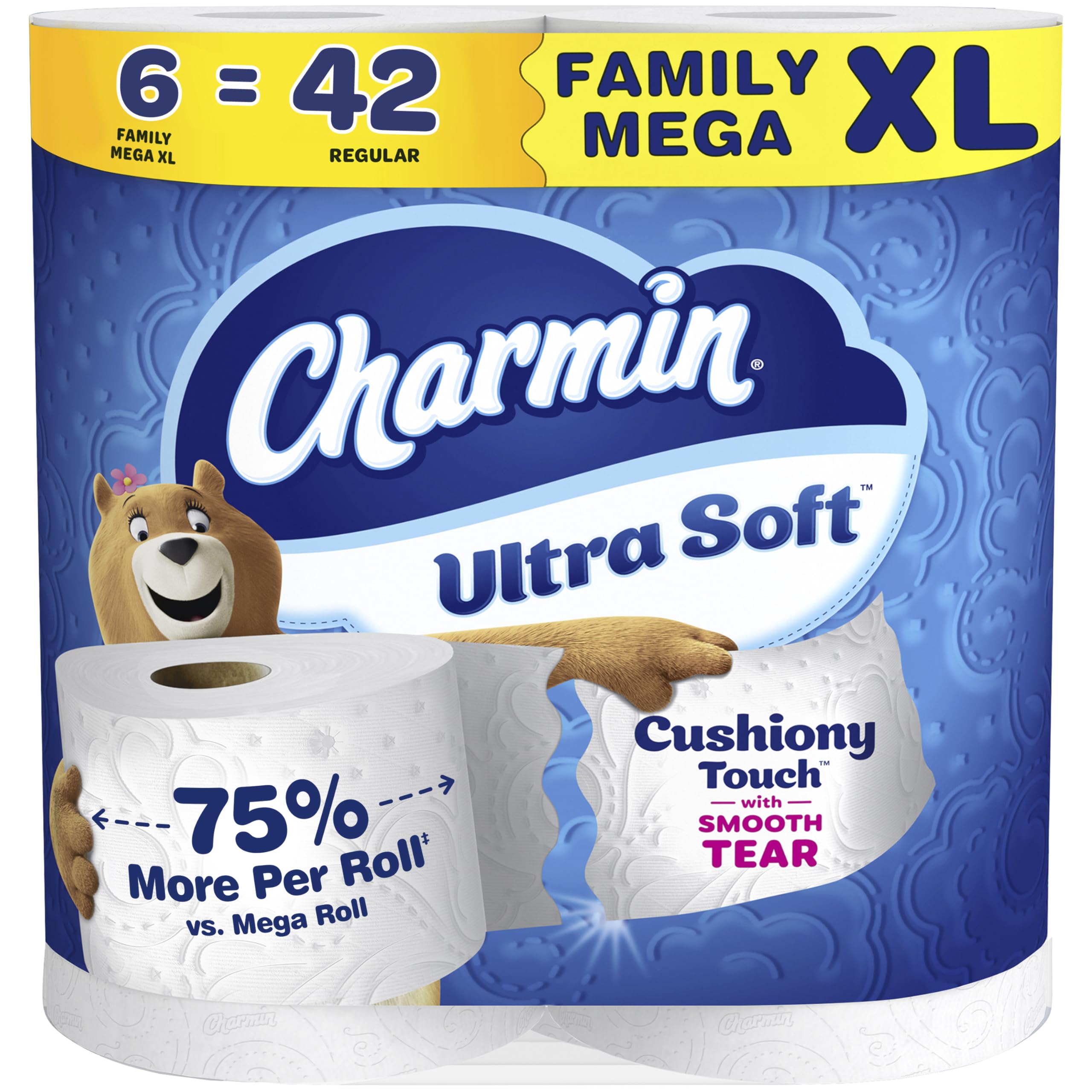 Charmin Ultra Soft Cushiony Touch Toilet Paper, 6 Family Mega XL Rolls = 42 Regular Rolls