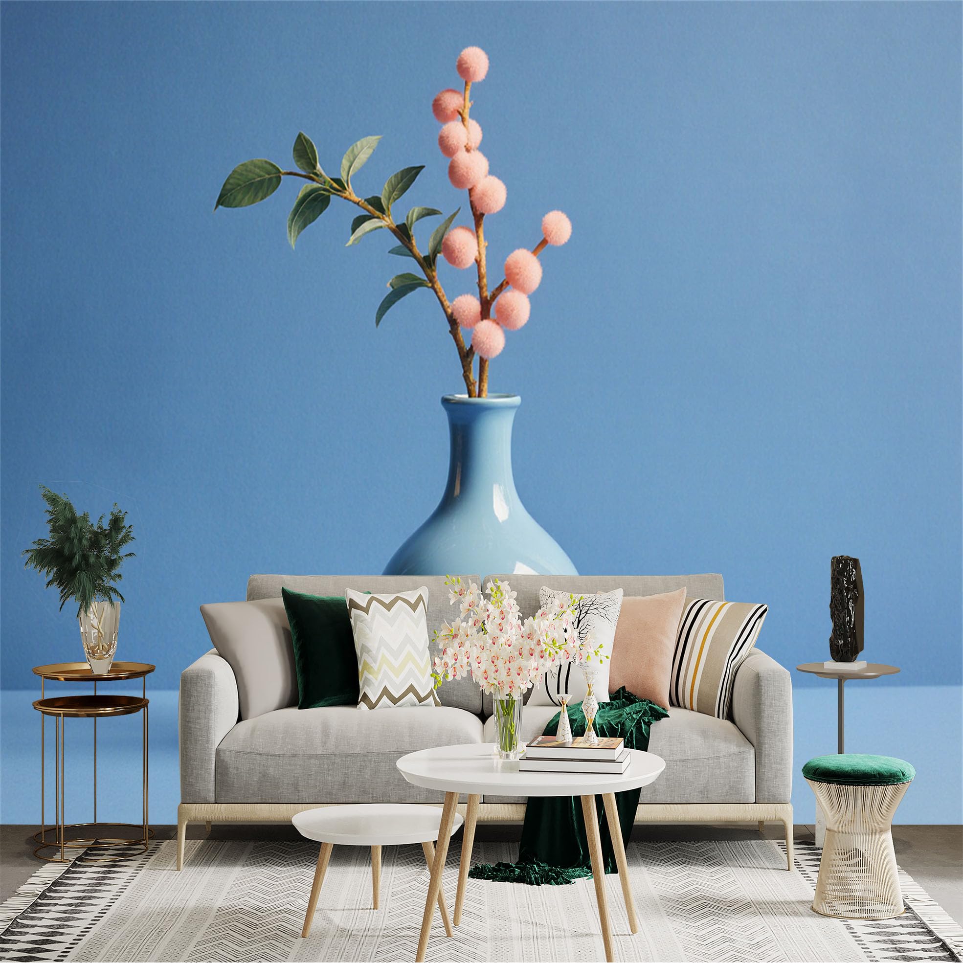 Custom Size Wall Sticker Mural， Blue Vase with Pink Pom Pom Plant， Decorative Still Life Art， Modern Minimalism， for wall Decoration， peelandstick wall Decals.