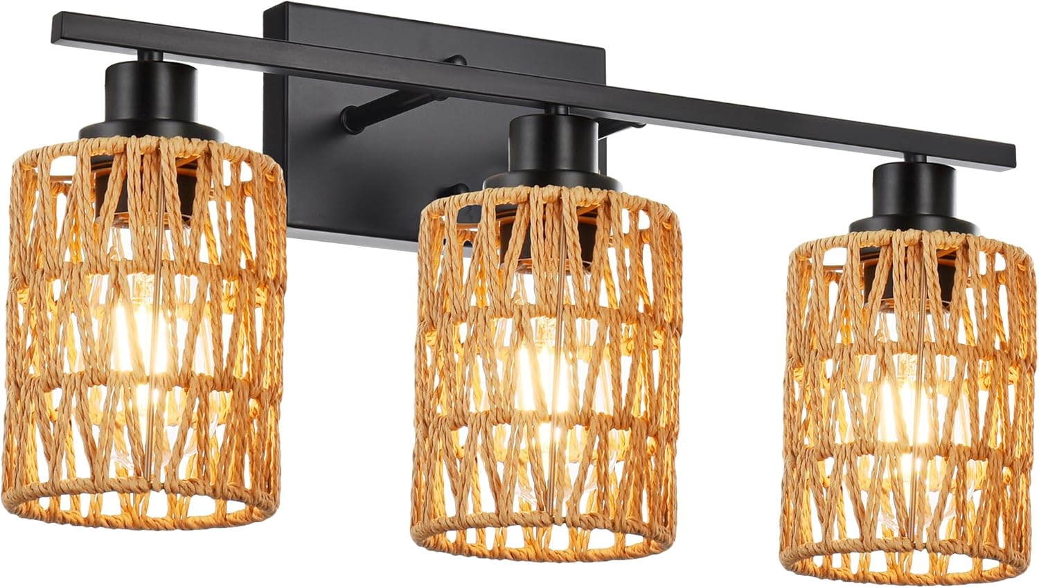 MELUCEE 3 Light Bathroom Vanity Light Rattan Wall Sconce 24 Inches Farmhouse Bathroom Light Fixtures with Rattan Lamp Shade, Black Finish, Suitable for Kitchen Hallway Living Room Black 24 inches