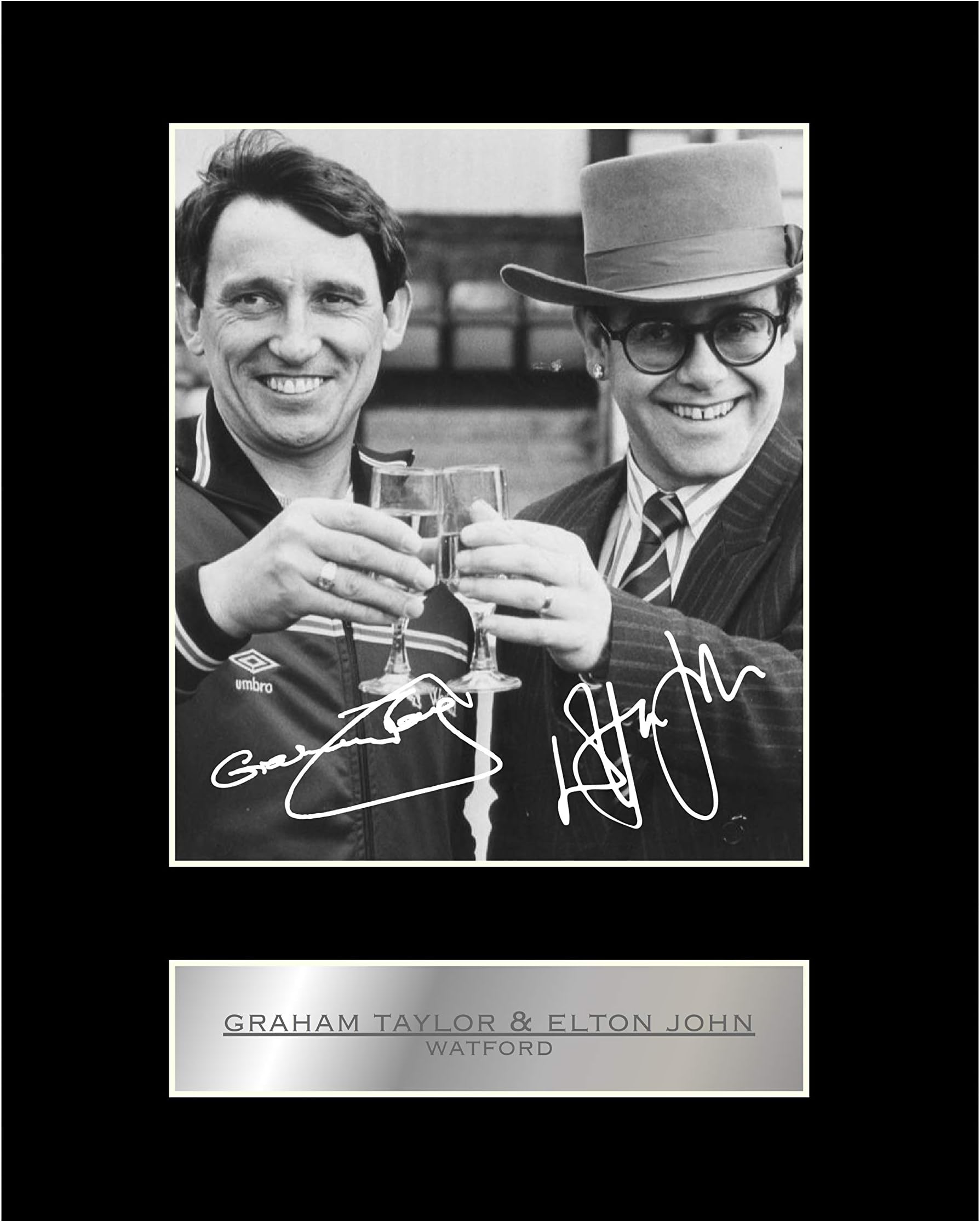 Iconic pics Graham Taylor & Sir Elton John Signed Mounted Photo Display Watford FC