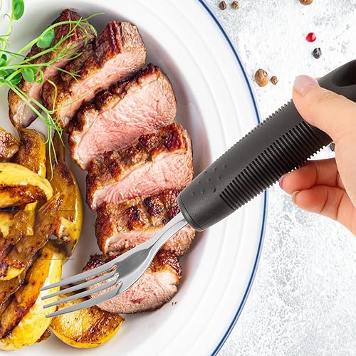 Miniatura 2 de Juego de 3 cubiertos de fácil agarre, juego de utensilios adaptables para adultos, tenedor, cuchara y cuchillo balancín para ancianos, artritis,