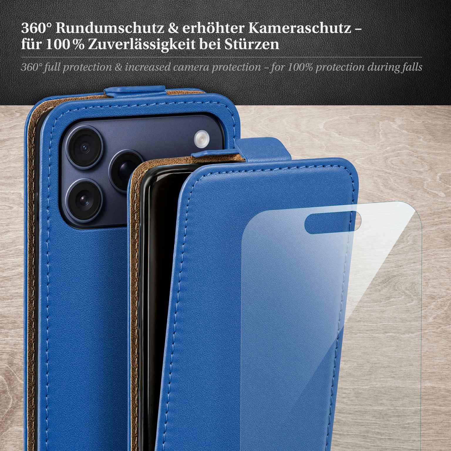 moex Custodia 4 in 1 per iPhone 17 Pro con 3 pellicole protettive, protezione a 360°, flip case + pellicola FlexProtect, in pelle PU, blu