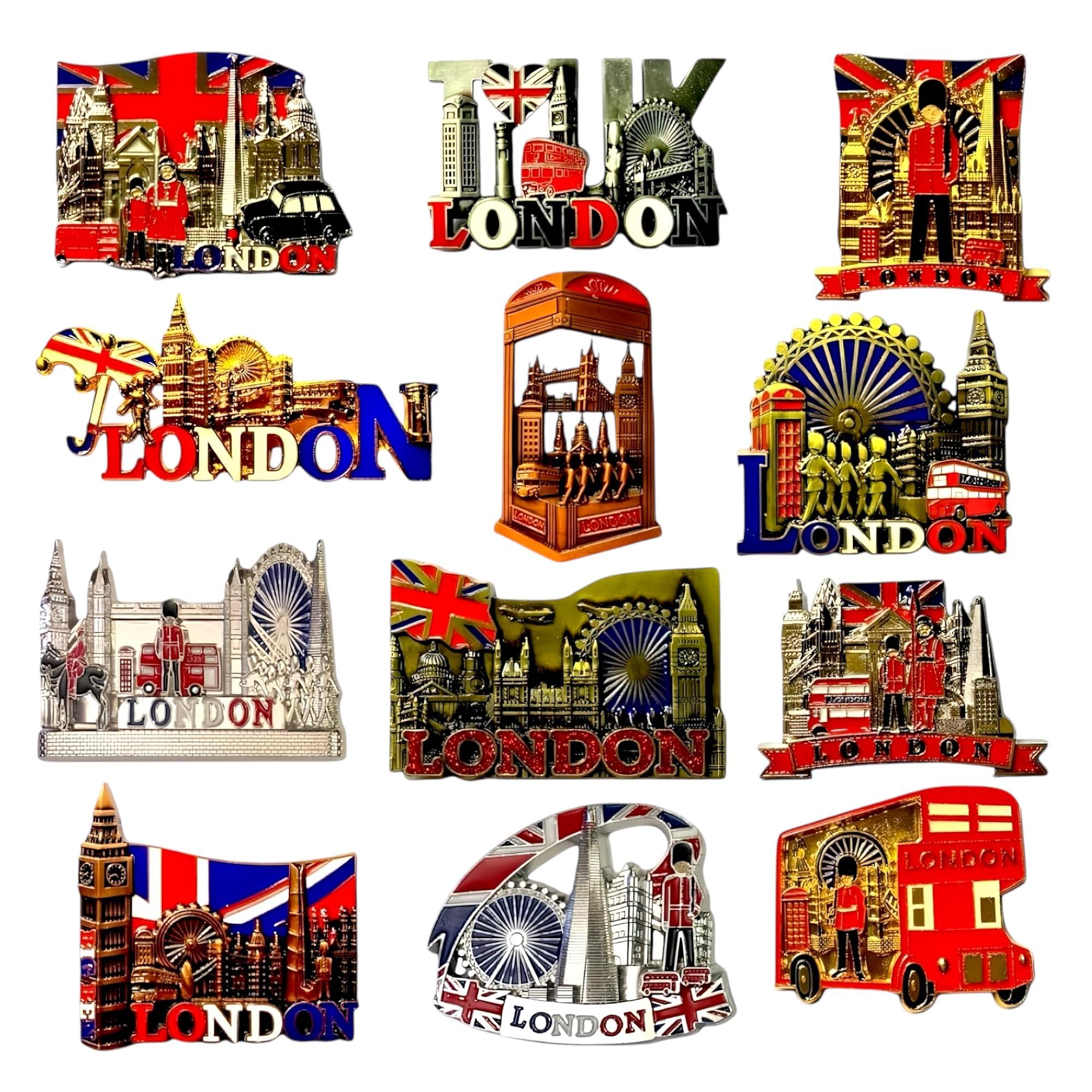 Bells Box Multi Colours 12 London Souvenir Fridge Magnets - British Souvenirs Union Jack Magnet - London Landmarks Metal Magnet - England Gift Set