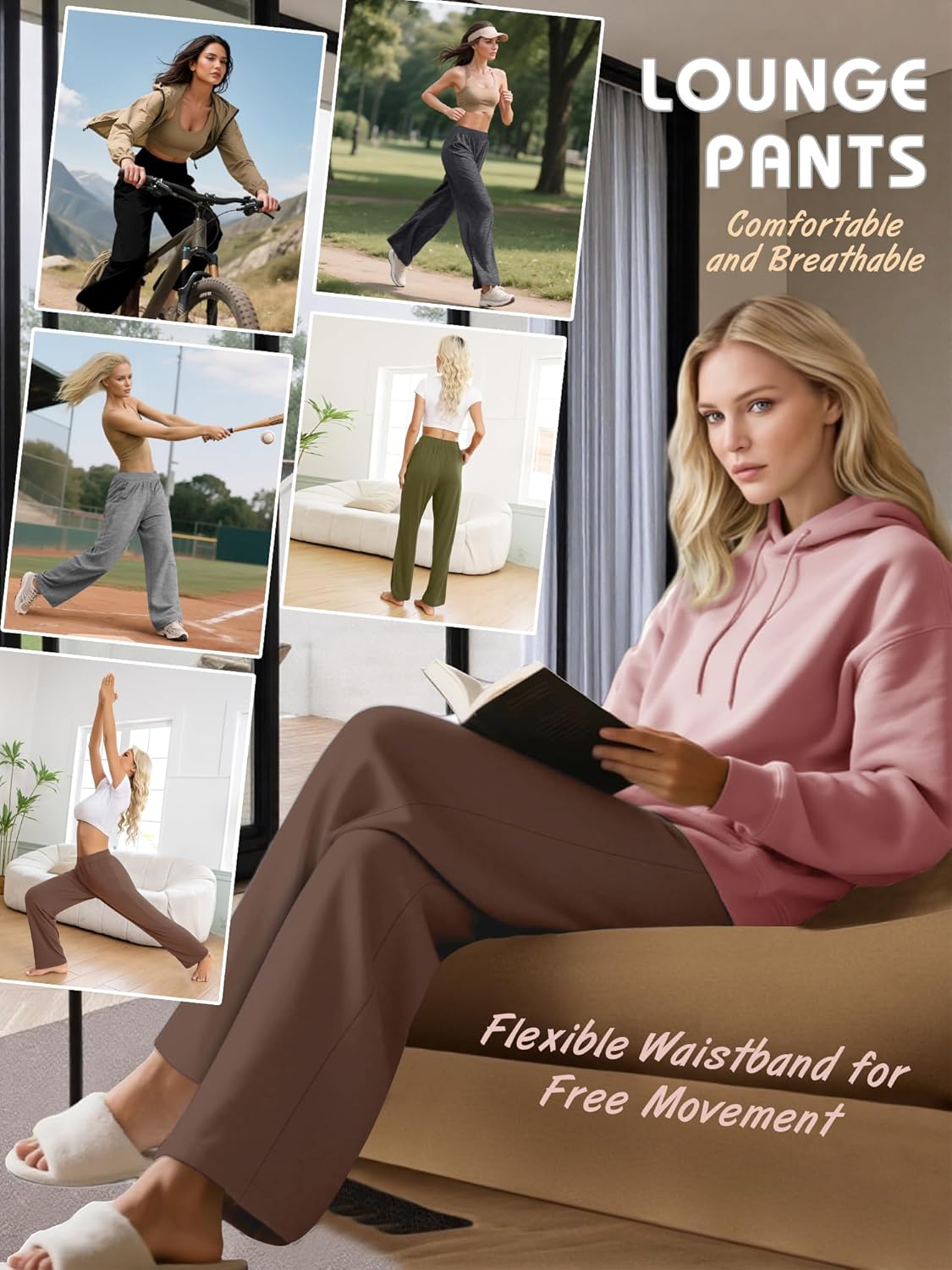 3 Pack Women's Lounge Pants Wide Leg Sweatpants with Pockets Elastic Waist Yoga Pant Casual Loose Jogger - Image 5