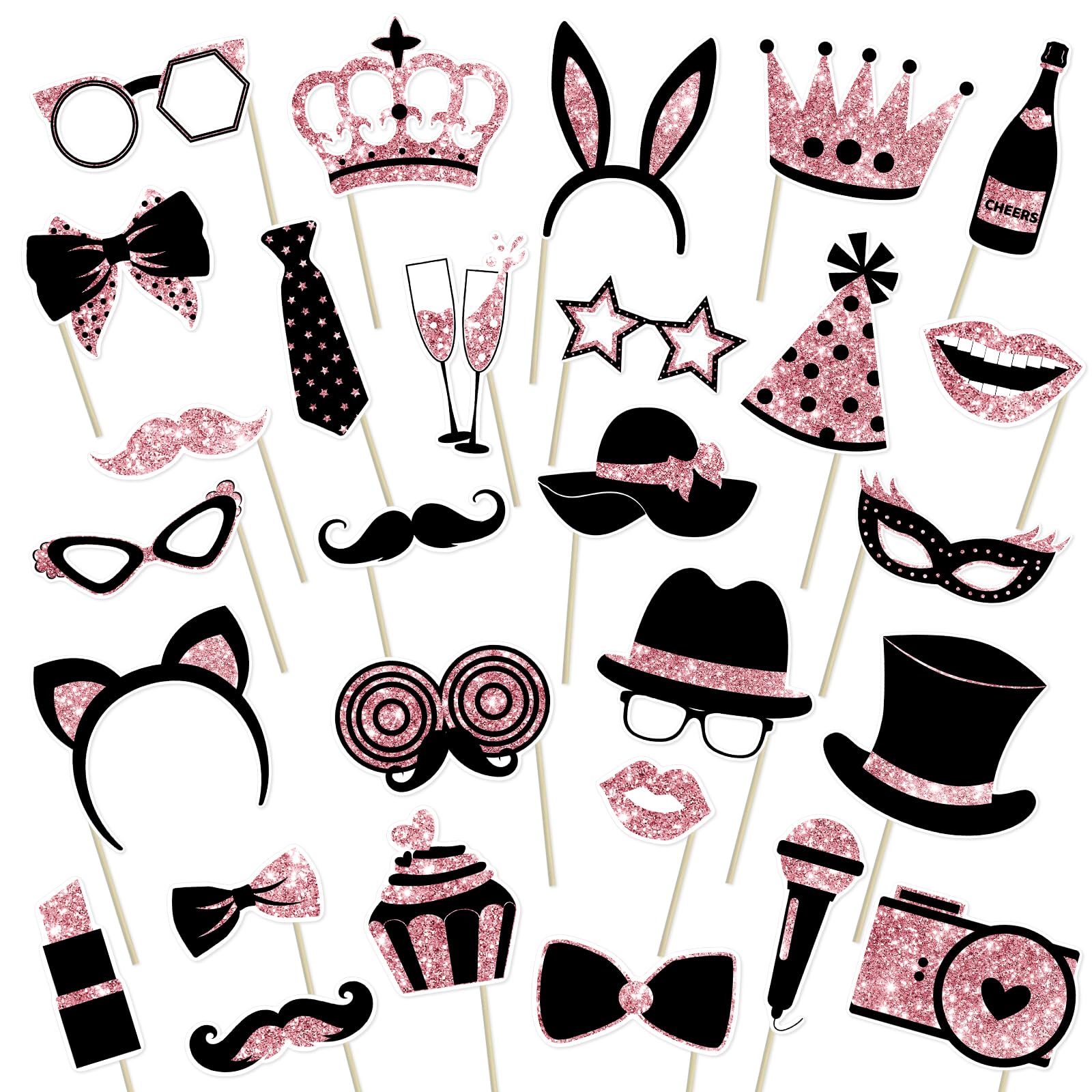 28 Pcs Photo Booth Props for Birthday, Weddings,Mardi Gras,Family Reunion,New Year,Valentines Day,Easter Decor Funny Selfie Props Masquerade Party Decorations (Rose Gold)