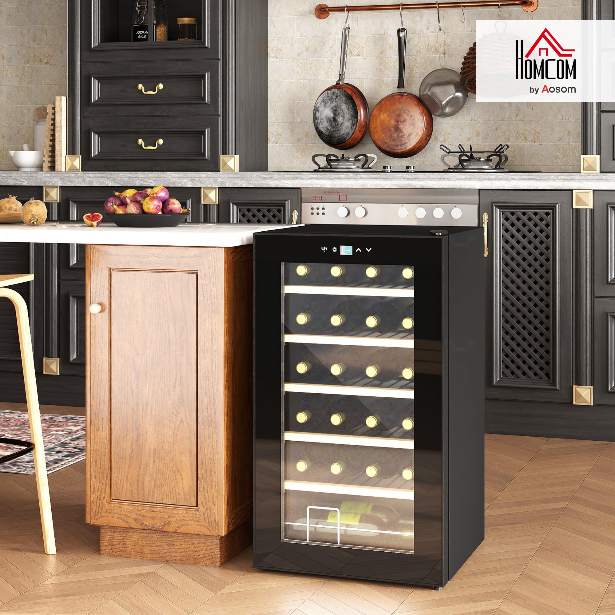 HOMCOM Nevera Vinos 24 Botellas 65L Vinoteca con Luz LED Interior Pantalla Táctil Digital Control de Temperatura Puerta de Vidrio y 5 Estantes de Metal Negro