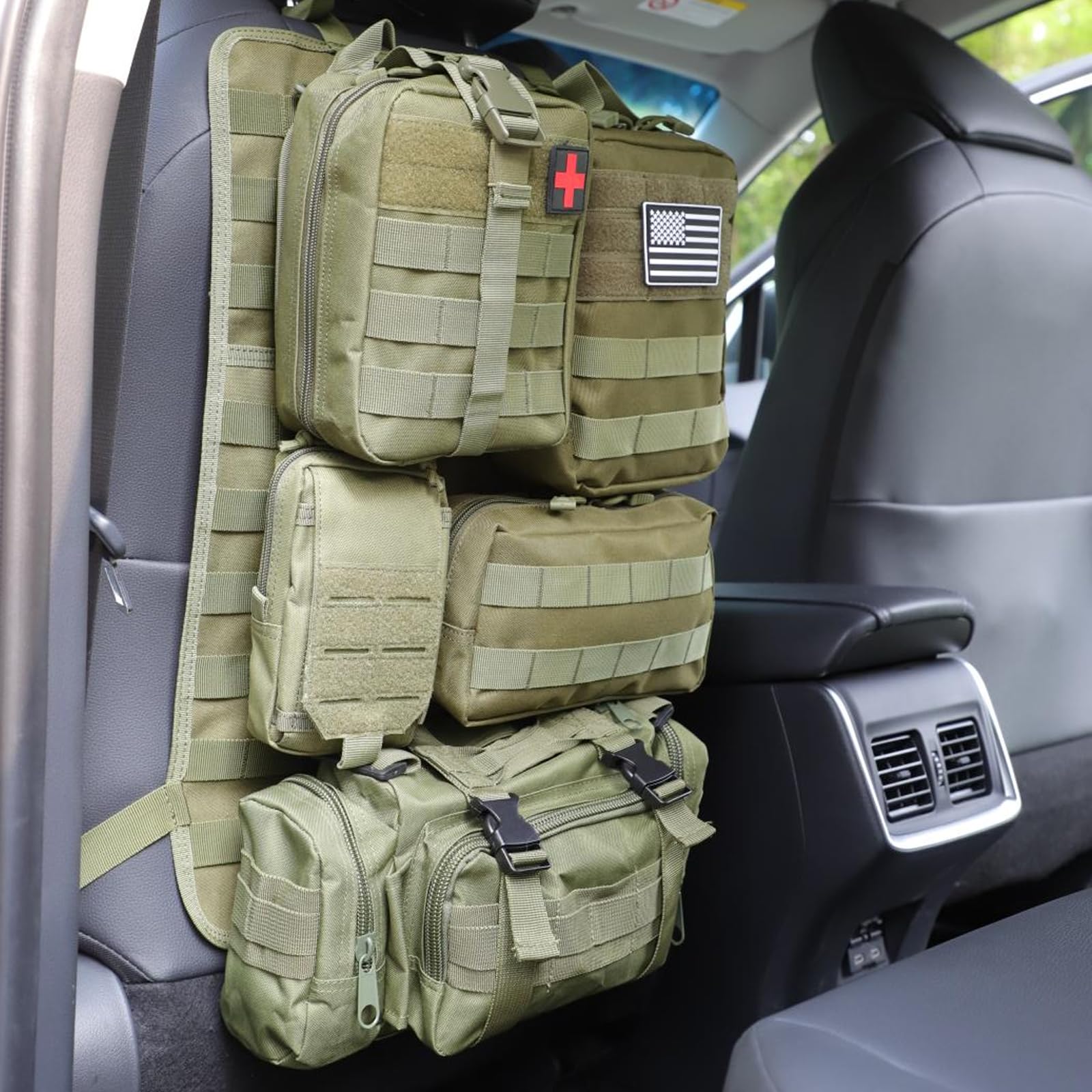 Jimikay Organiseur tactique pour dossier de siège de voiture avec sac à suspendre et 5 poches Molle détachables - Organiseur de panneau Molle pour véhicule - Sac de rangement universel pour la plupart