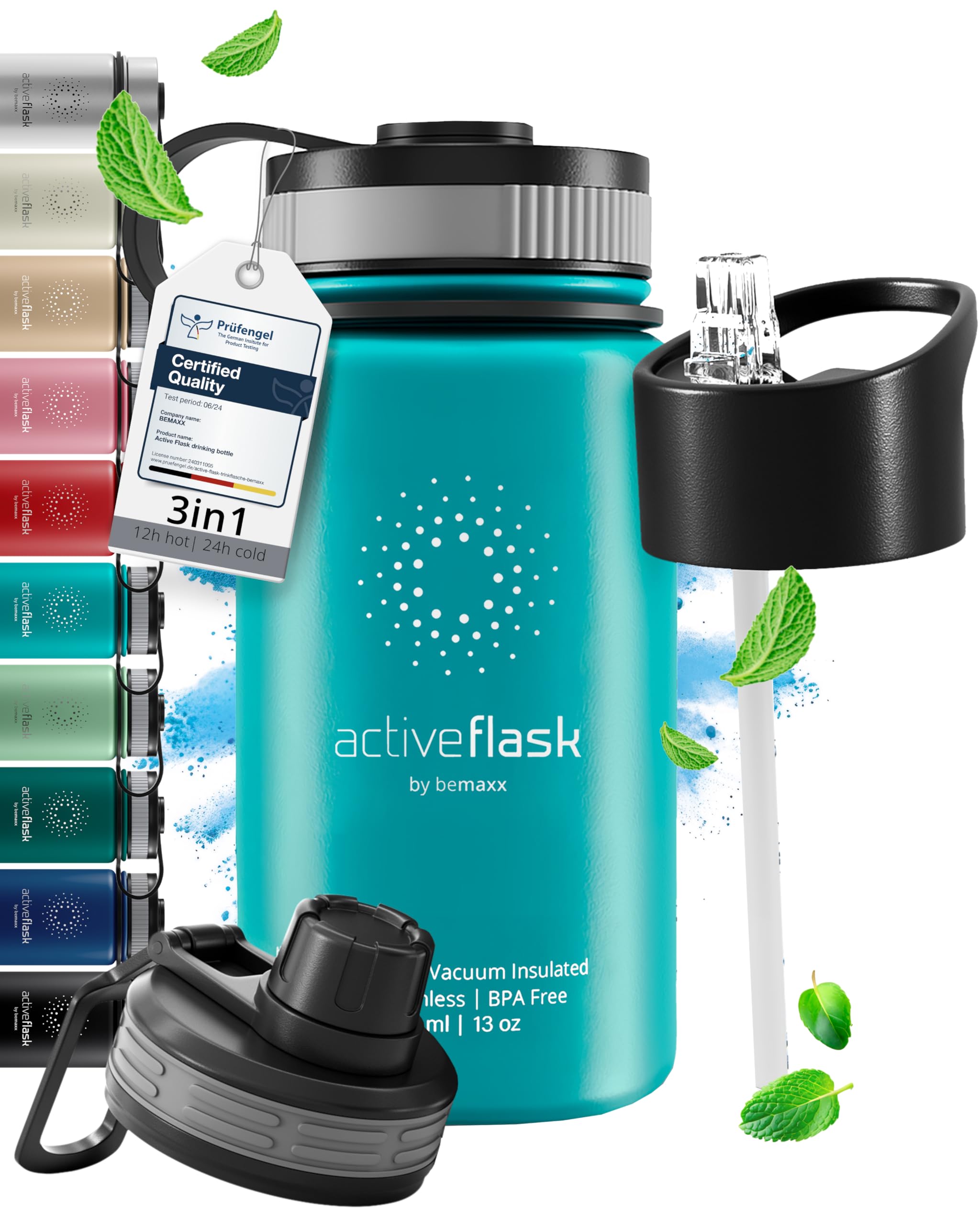 Trinkflasche Edelstahl ACTIVE FLASK + Strohhalm (3 Deckel) BPA-frei, Auslaufsicher, Kohlensäure geeignet - Wasserflasche Fahrrad Thermosflasche Isoliert Isolierflasche Sport Wasser Flasche Kinder Tee