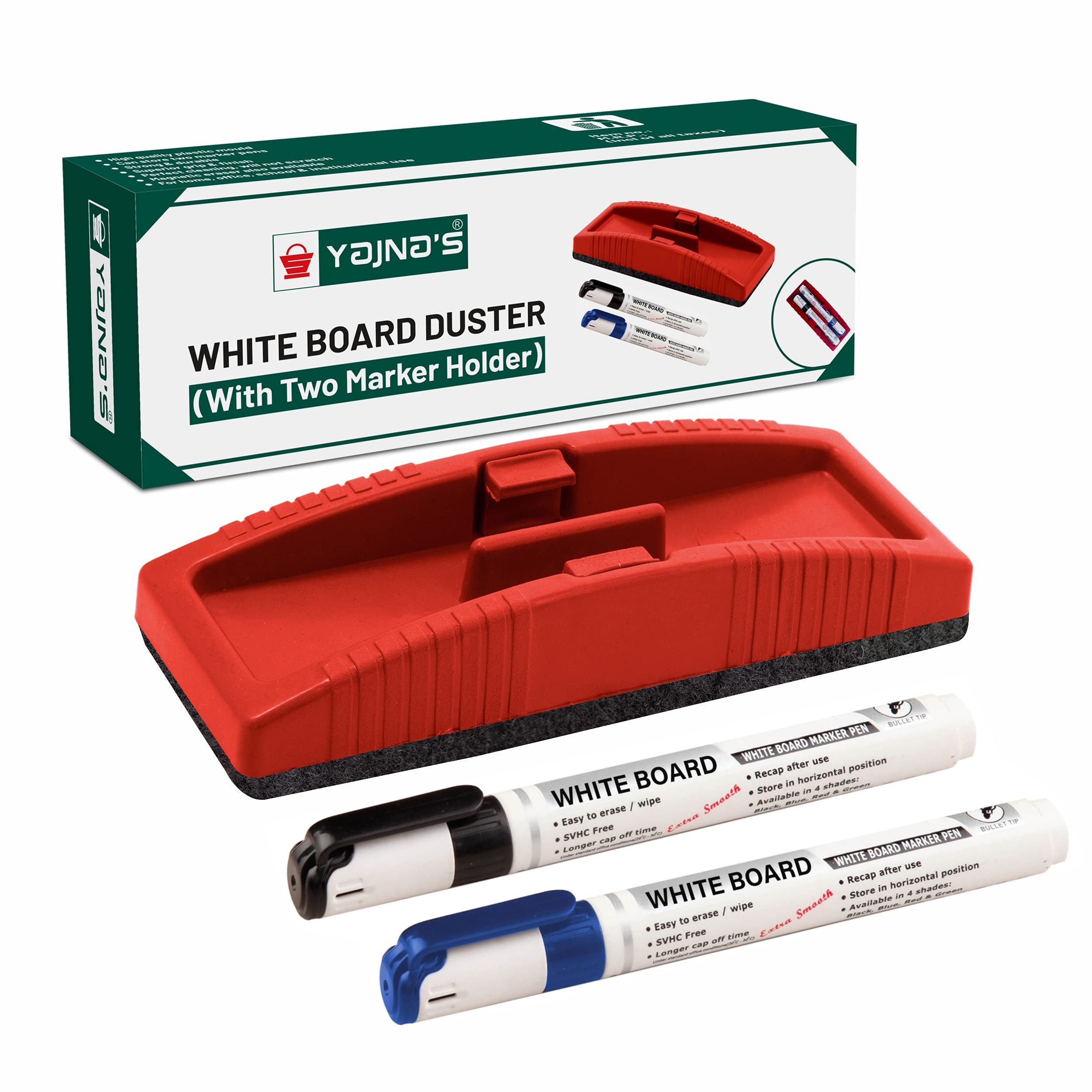 YAJNAS® Premium Non Magnetic White Board Duster with 2 Marker | | Whiteboard Eraser for Erasing White Board Marker or Chalk Board Writing | Blackboard Duster (Assorted Color)(Combo Pack of 3 Items)