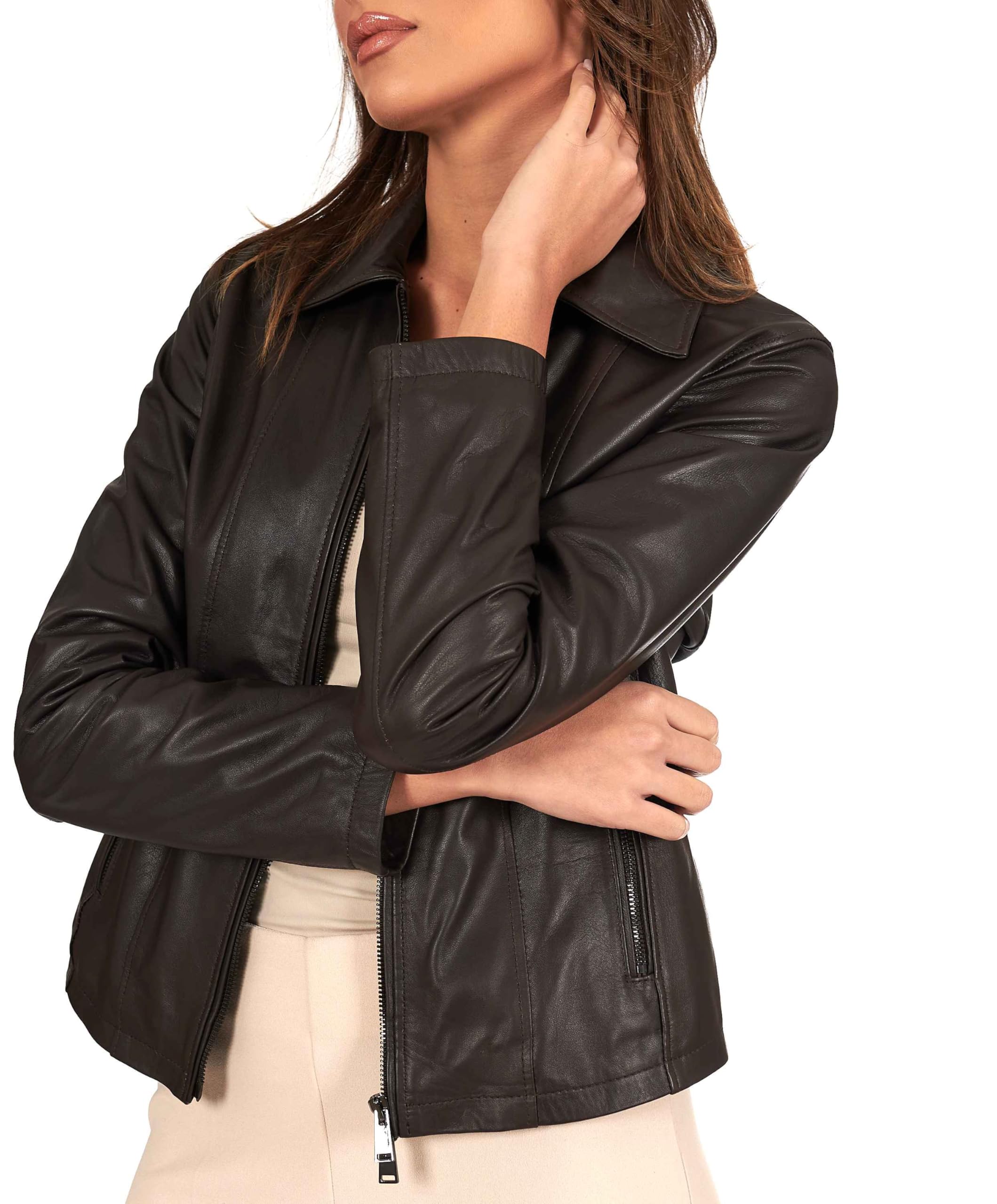 D'Arienzo Giacca Donna Marrone Giubbotto Collo Camicia Moto Vera Pelle Made in Italy Vale Cam