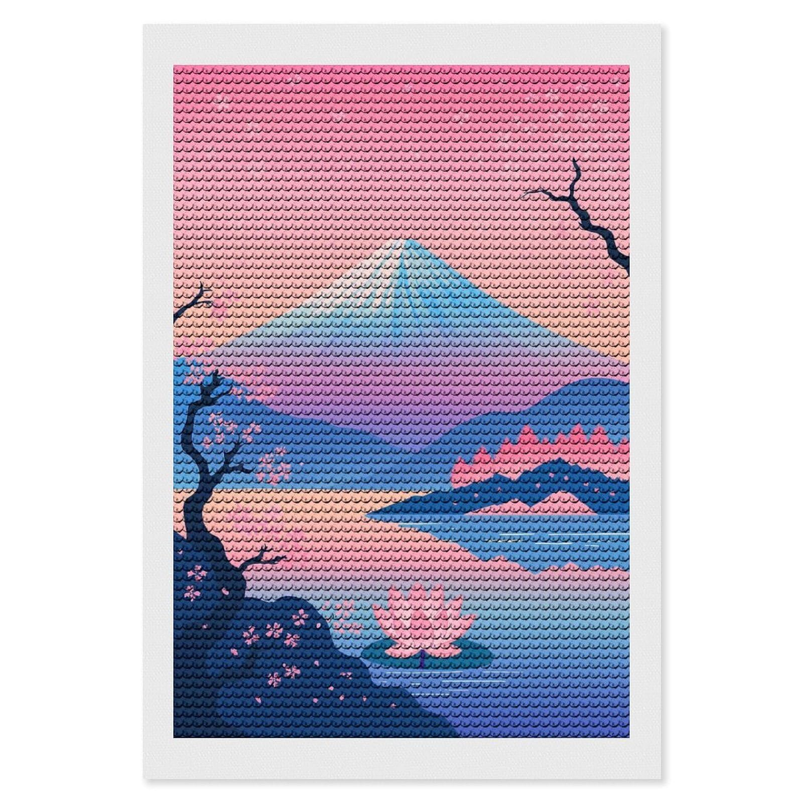 Junmoney Mount Fuji and Lotus Flower Landscape Diamond Painting Set 8"x12", for Beginners, Modern Decor, Simple to Start, Gift Idea, Pleasing Wall Art Project
