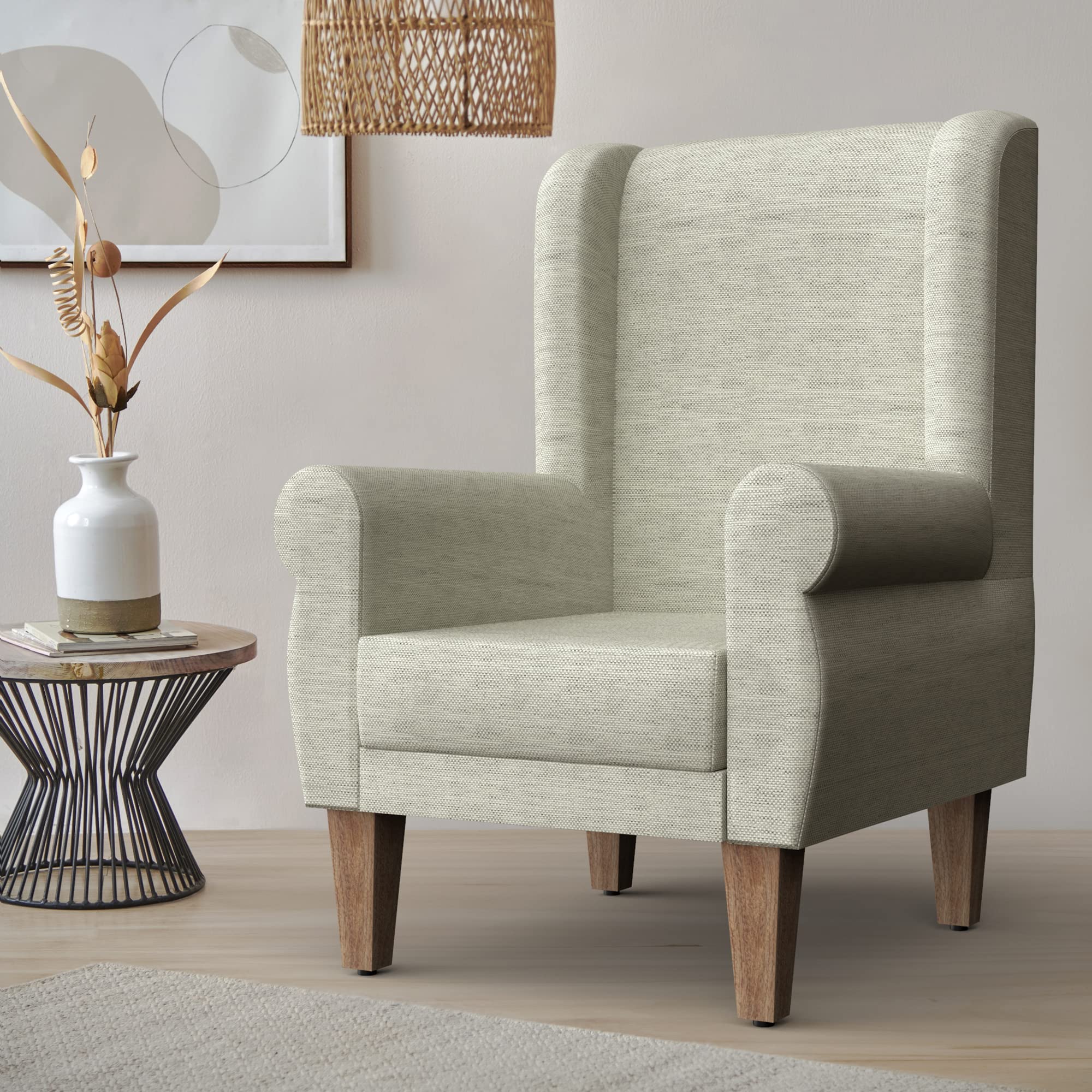 Chumbak Wing Chair, Accent Chair for Living Room, Bedroom, Wooden 1 Seater Sofa,Ivory Color and Upholstered for Home Decor-image-27