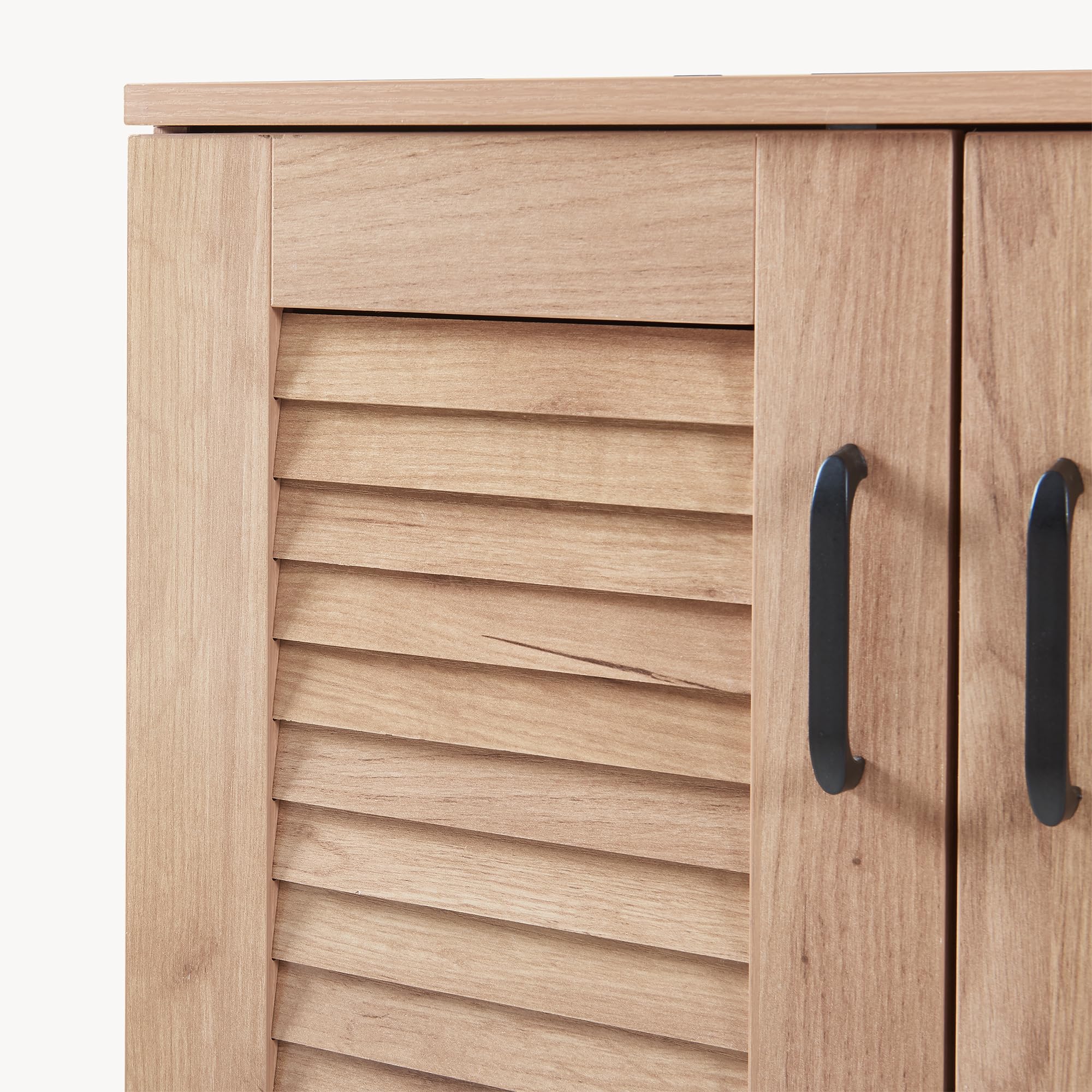 [en.casa] Schuhschrank Løten Schuhregal mit 4 Türen und 9 Ablagen Schuhablage 120 x 36 x 97 cm bis zu 18 Paar Schuhe mit gepolsterter Sitzbank Schuhaufbewahrung Eicheoptik