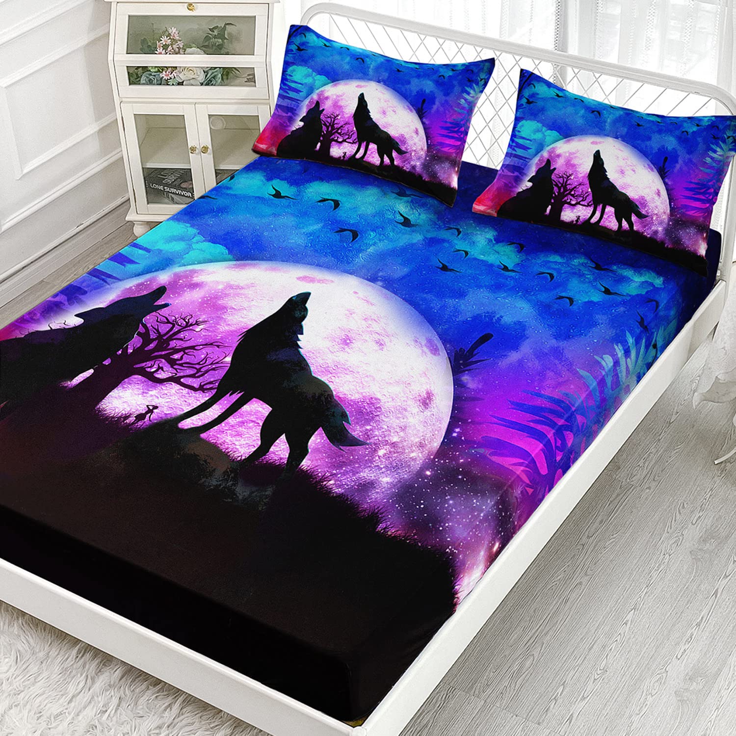 XYNHML Wolf Bed Sheet Set Galaxy Wolf Night Moon Bedding Set for Kids Teens Room Decor Wild Animals Bed Cover with 2 Pillowcases