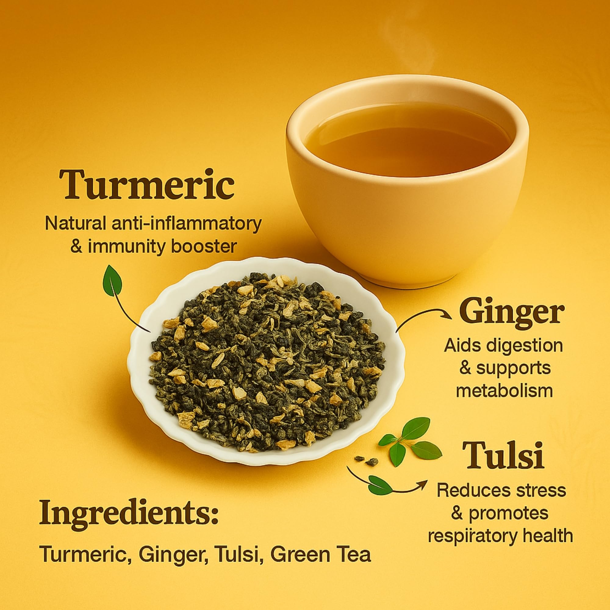 Brewora Turmeric Ginger Tulsi Green Tea Pouch | Spiced Wellness Blend | Holy Basil & Antioxidant Rich Green Tea | Soothing & Energizing Flavor | Loose Leaf Tea in Resealable Pouch_200 gm 3