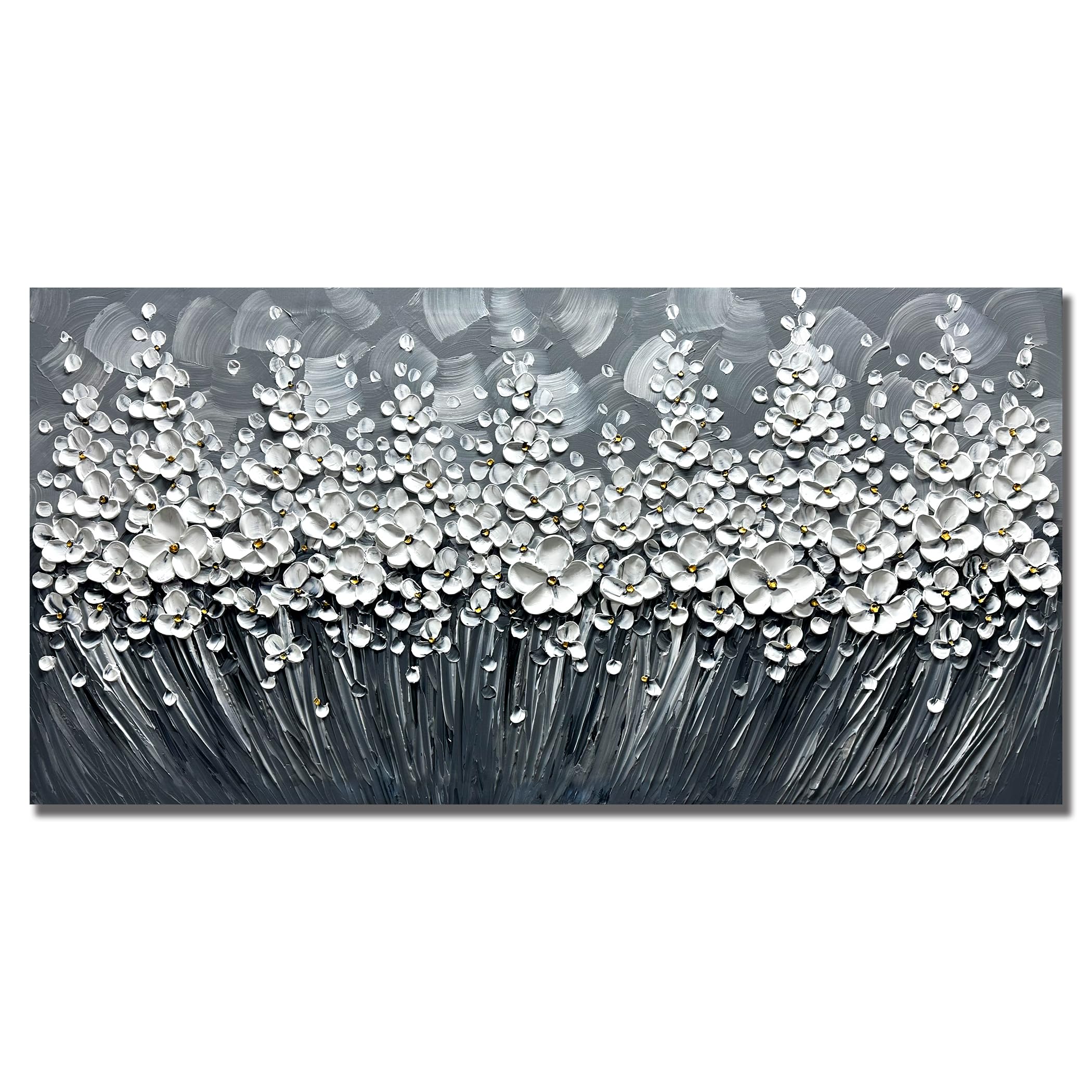 Paintings - 24X48 Inch 3D White Flower Wall Art Abstract Textured Knife Platte Acrylic Painting on Canvas 3D Flowers Tree Paintings Ready to hang